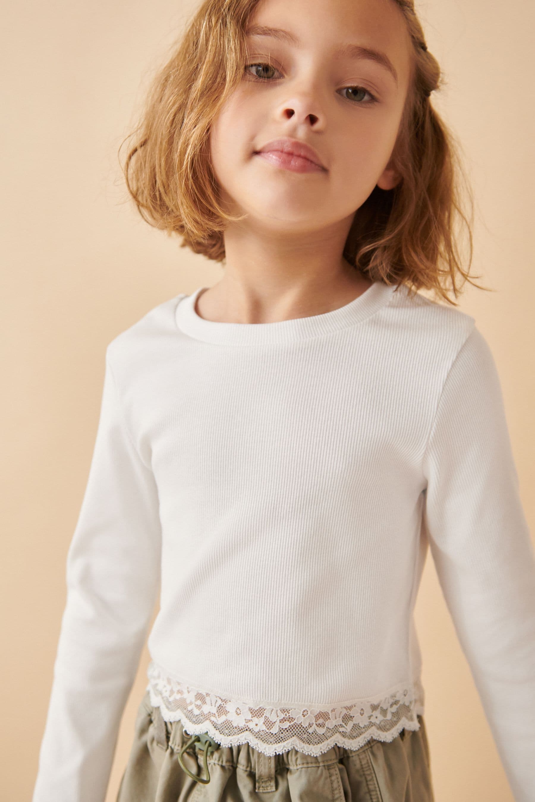 White Lace Trim Long Sleeve Rib Top (3-16yrs)