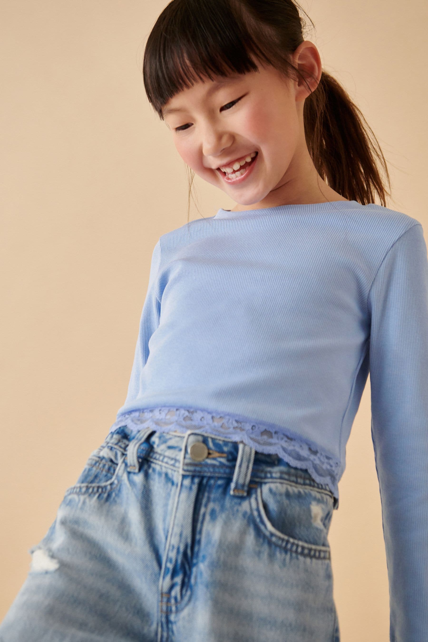 Blue Lace Trim Long Sleeve Rib Top (3-16yrs)