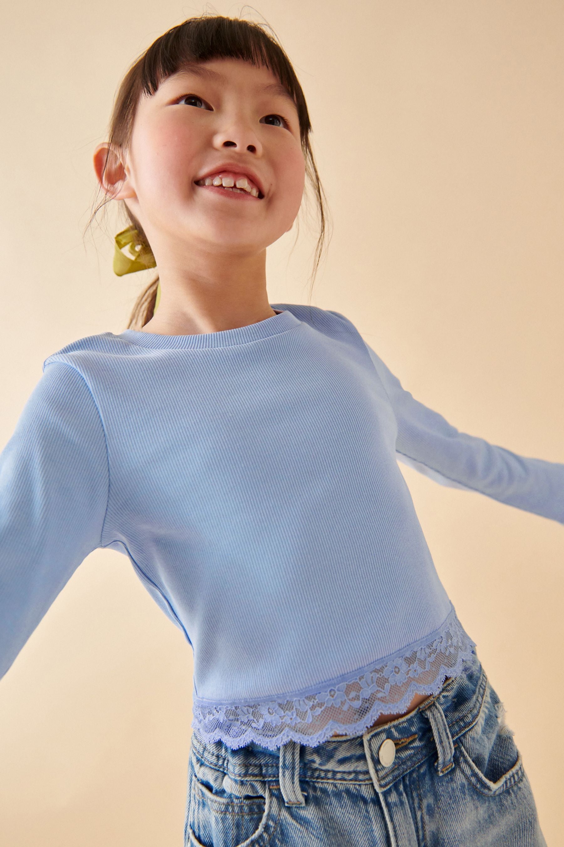 Blue Lace Trim Long Sleeve Rib Top (3-16yrs)