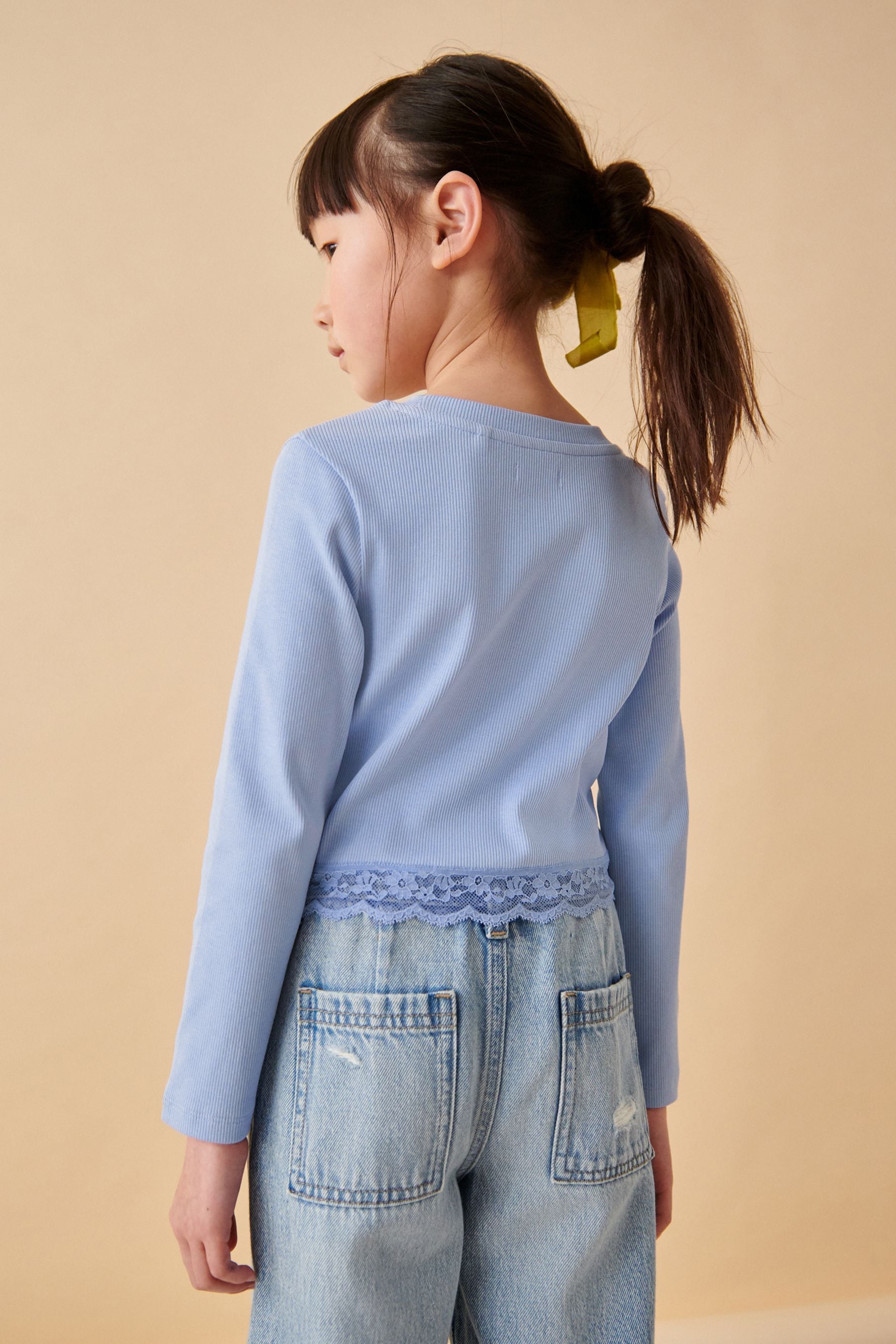 Blue Lace Trim Long Sleeve Rib Top (3-16yrs)