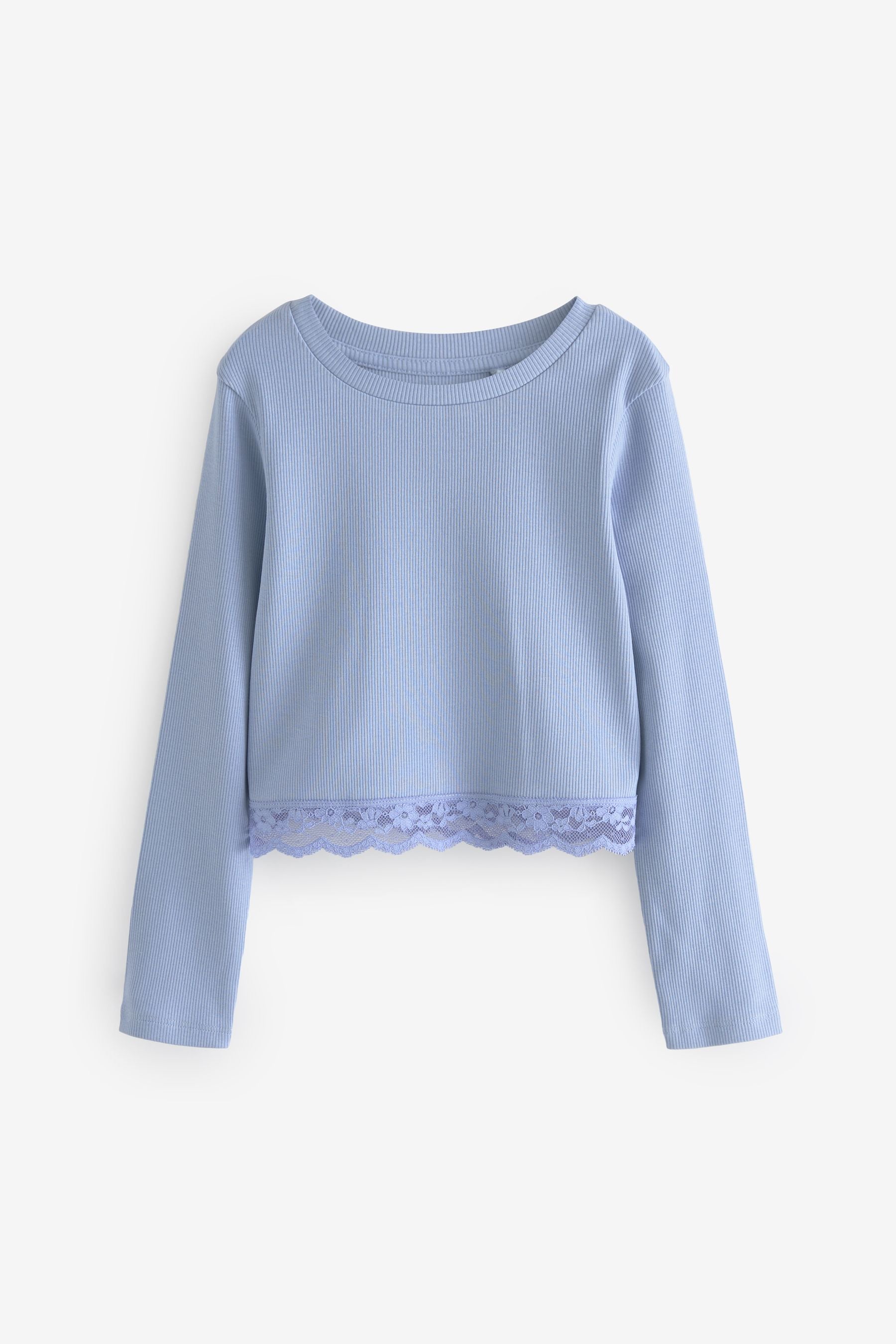 Blue Lace Trim Long Sleeve Rib Top (3-16yrs)