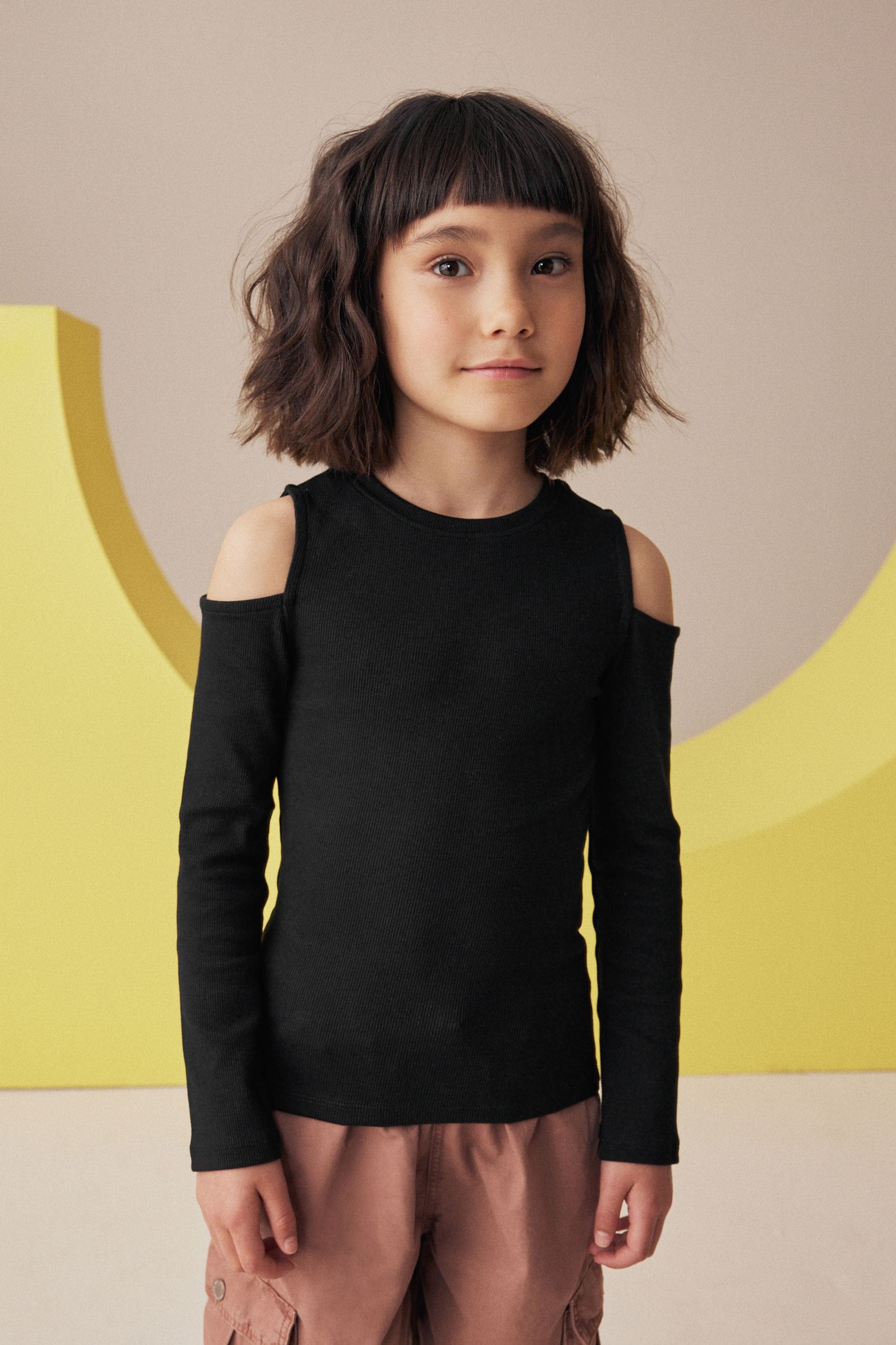 Black Long Sleeve Cold Shoulder Rib T-Shirt (3-16yrs)