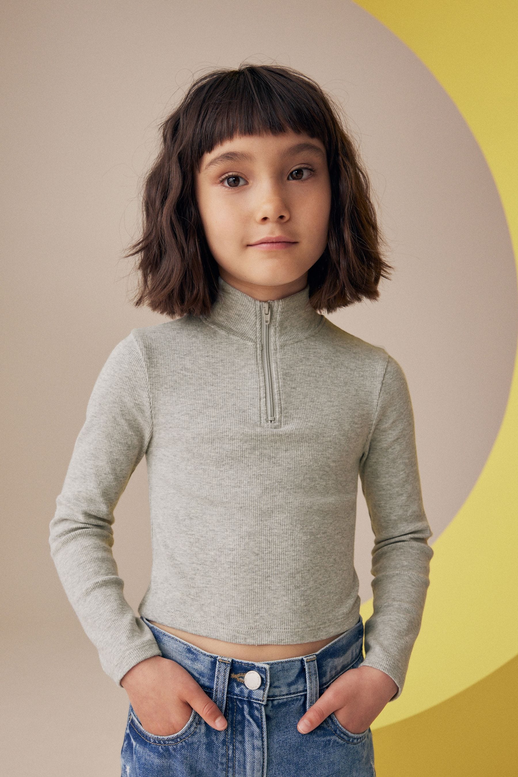 Grey Boxy Zip High Neck Rib Top (3-16yrs)