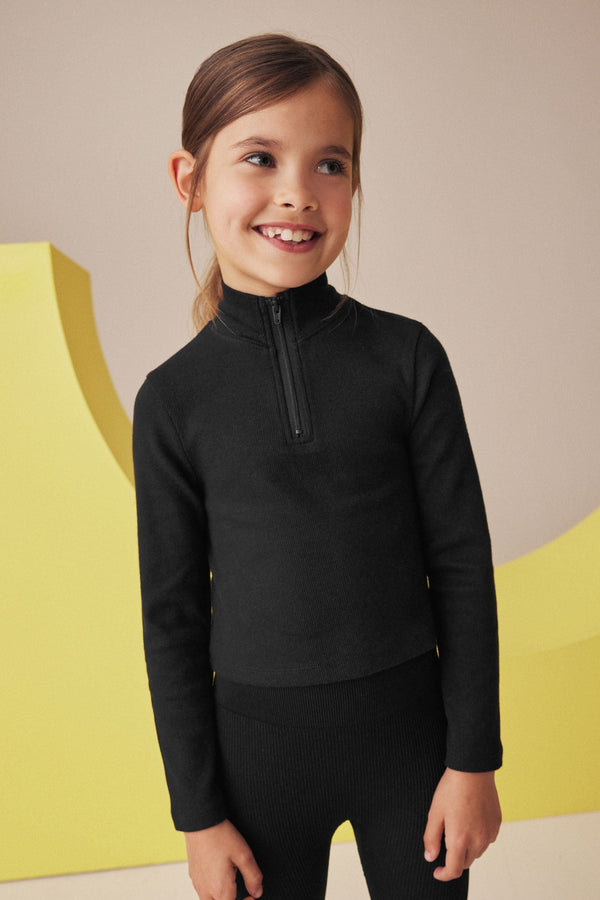 Black Boxy Zip High Neck Rib Top (3-16yrs)