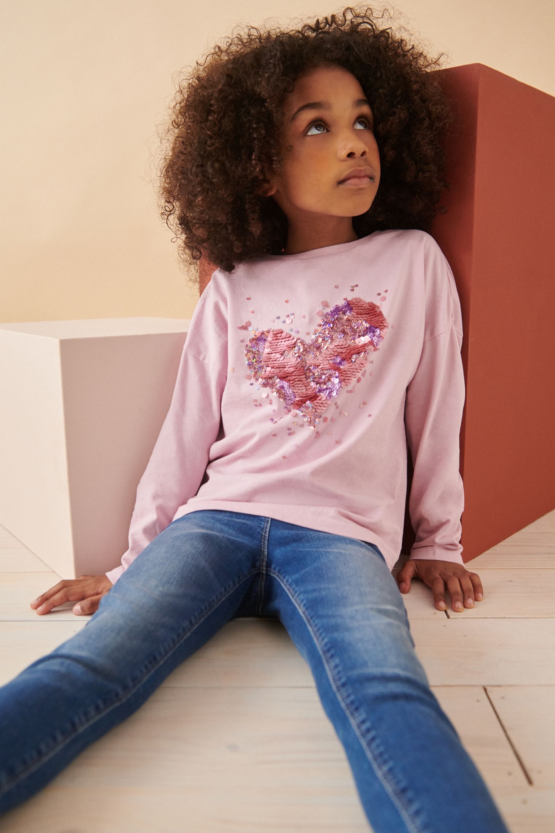 Pink 100% Cotton Sequin Heart Long Sleeve T-Shirt (3-16yrs)