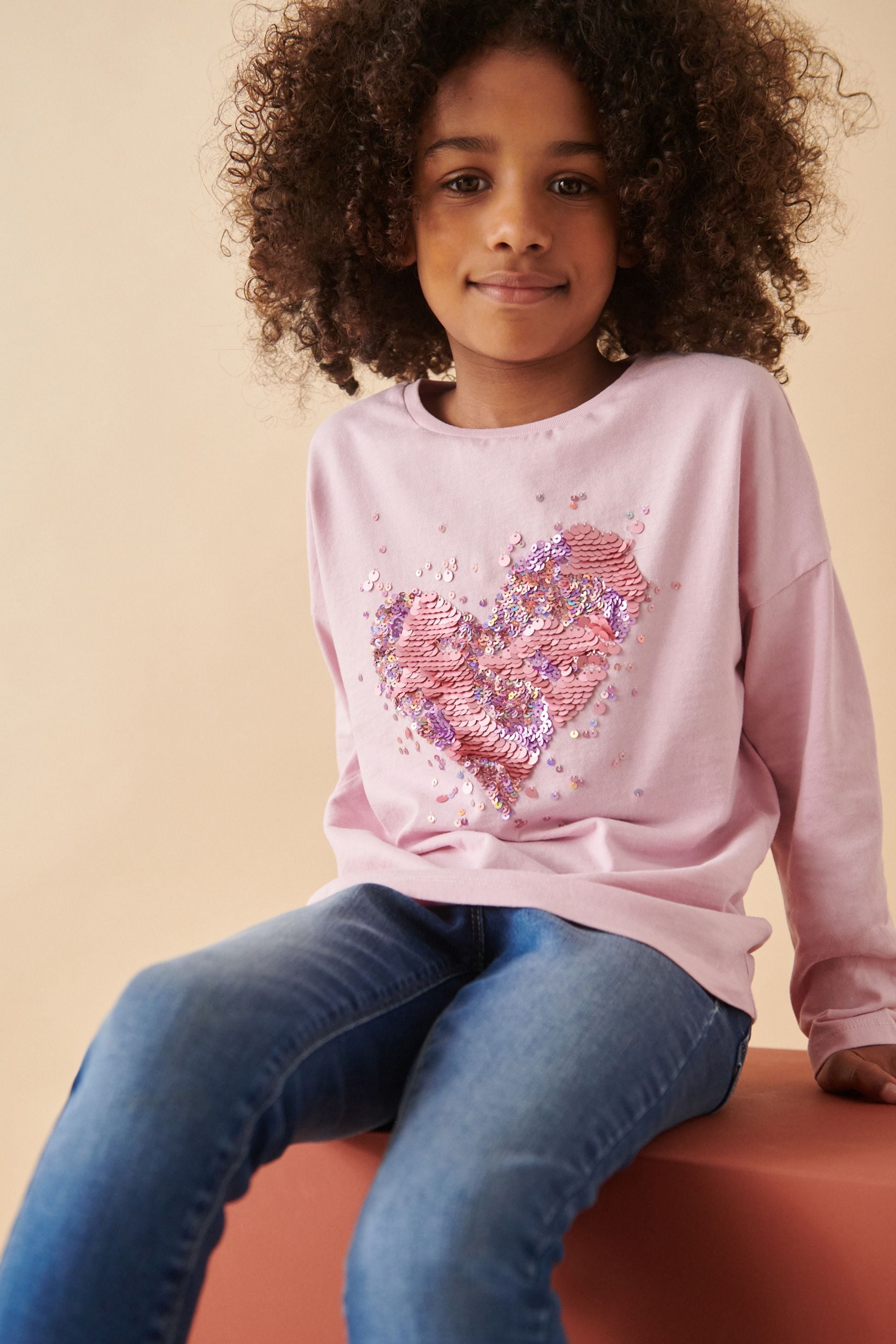 Pink 100% Cotton Sequin Heart Long Sleeve T-Shirt (3-16yrs)