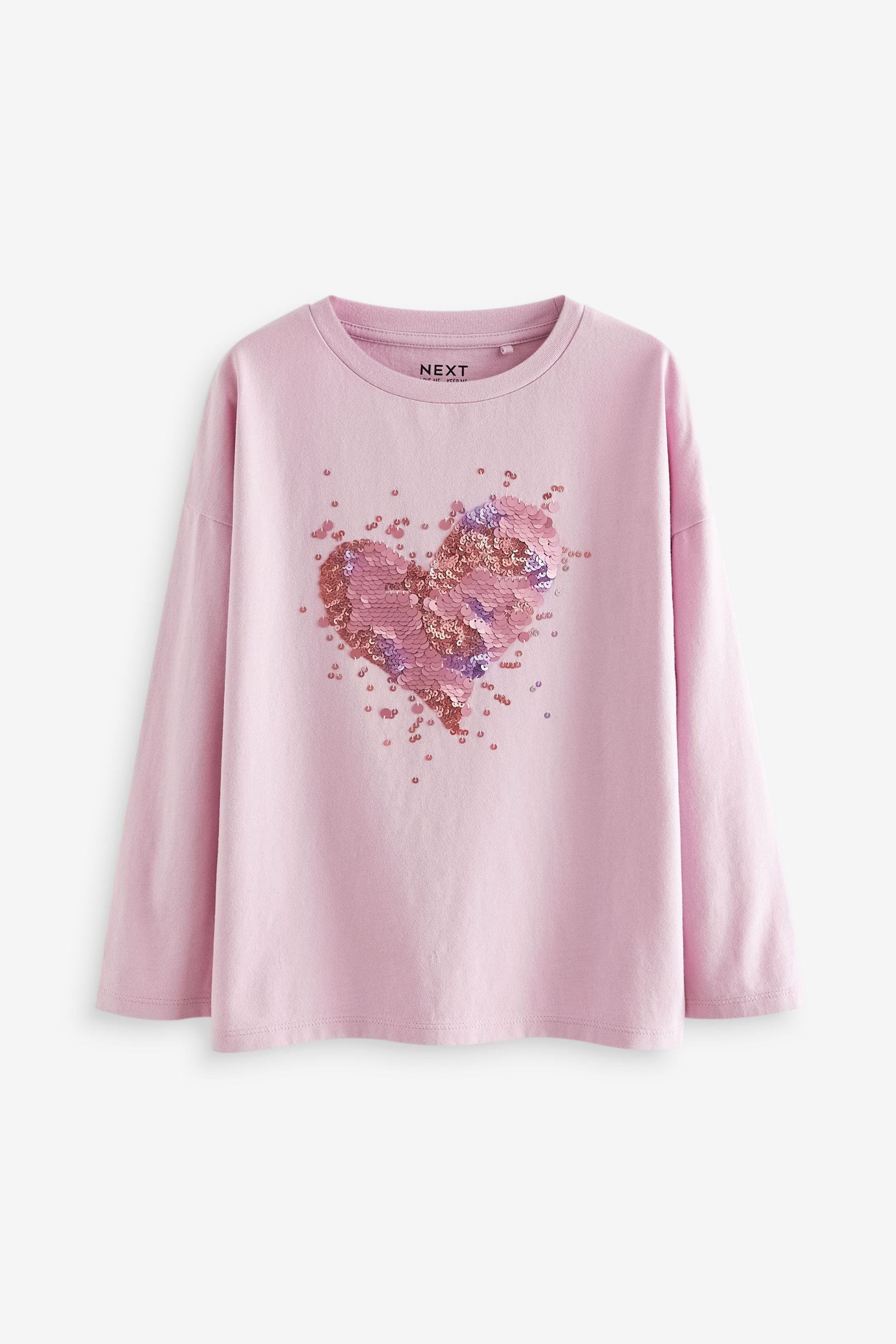 Pink 100% Cotton Sequin Heart Long Sleeve T-Shirt (3-16yrs)