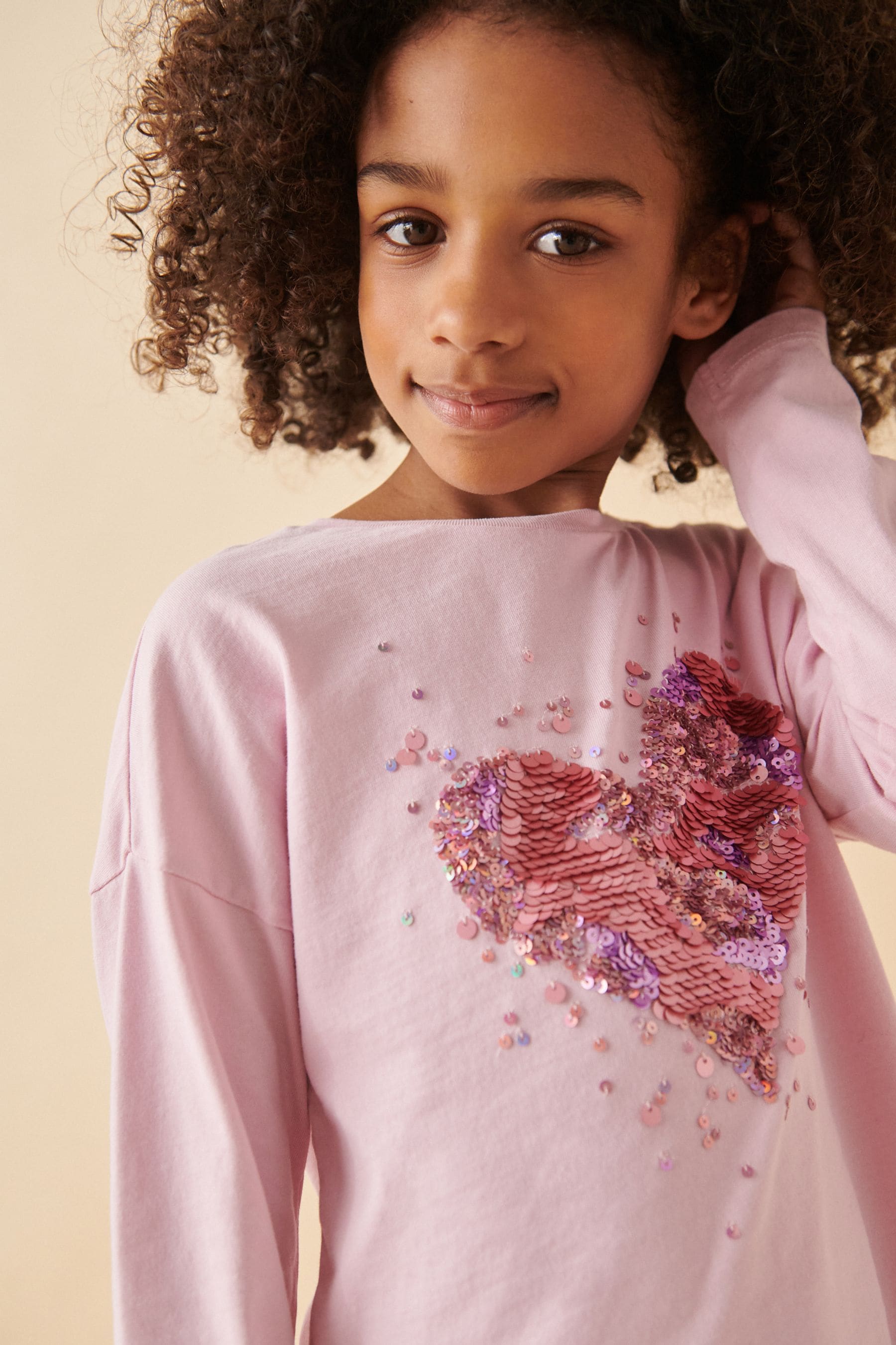 Pink 100% Cotton Sequin Heart Long Sleeve T-Shirt (3-16yrs)