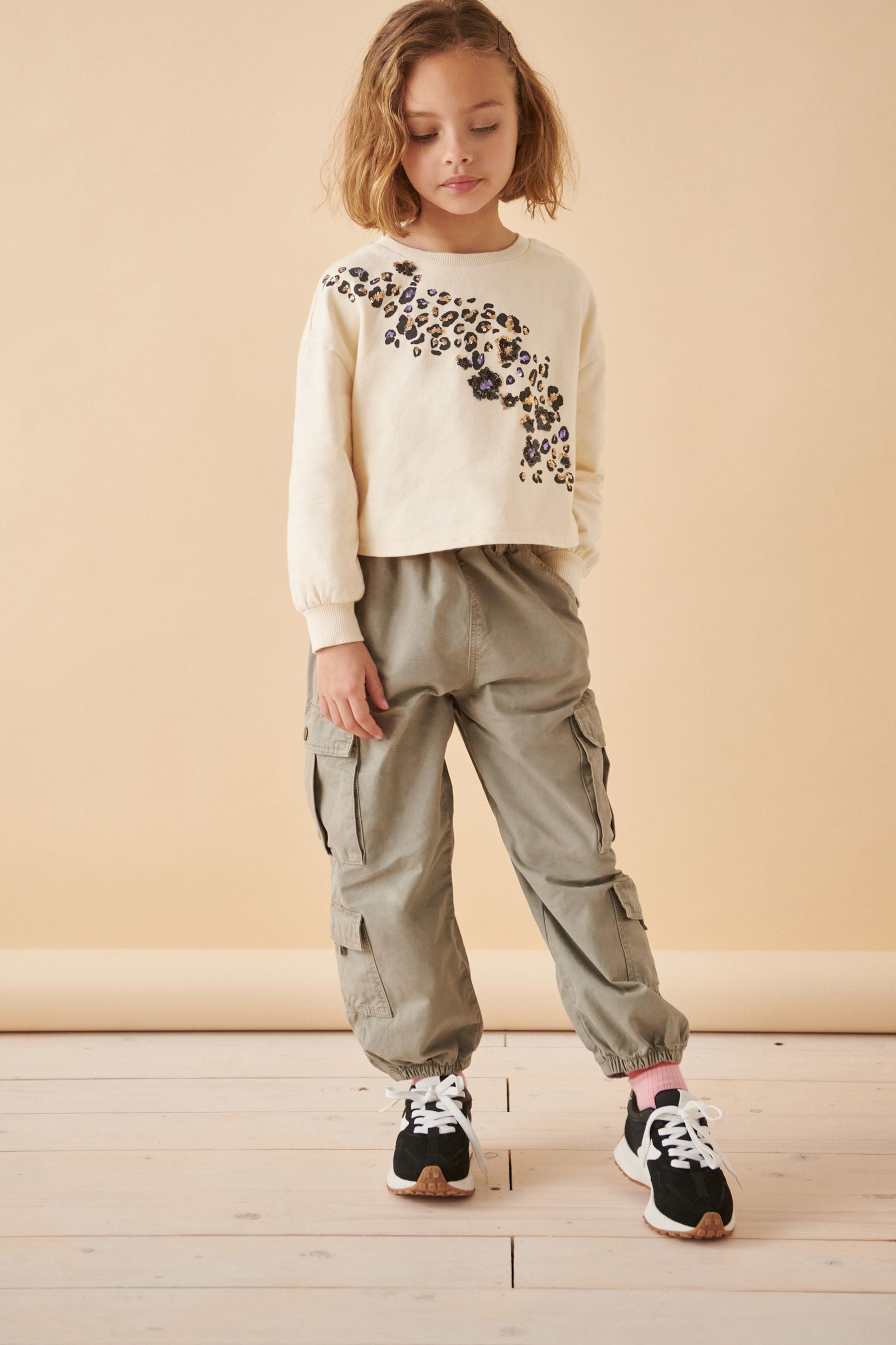 Ecru 100% Cotton Leopard Sequin Long Sleeve Sweat Top (3-16yrs)