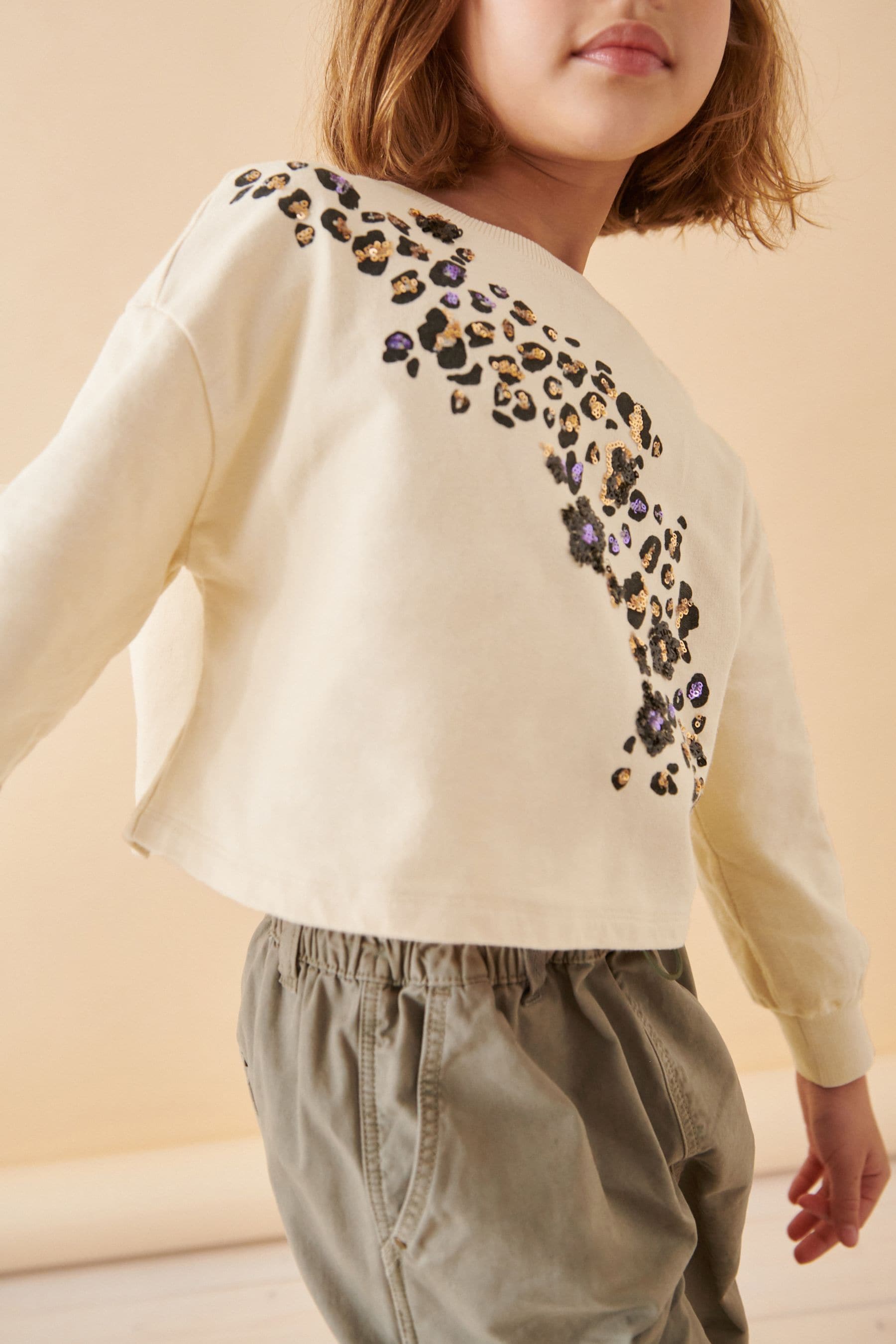 Ecru 100% Cotton Leopard Sequin Long Sleeve Sweat Top (3-16yrs)