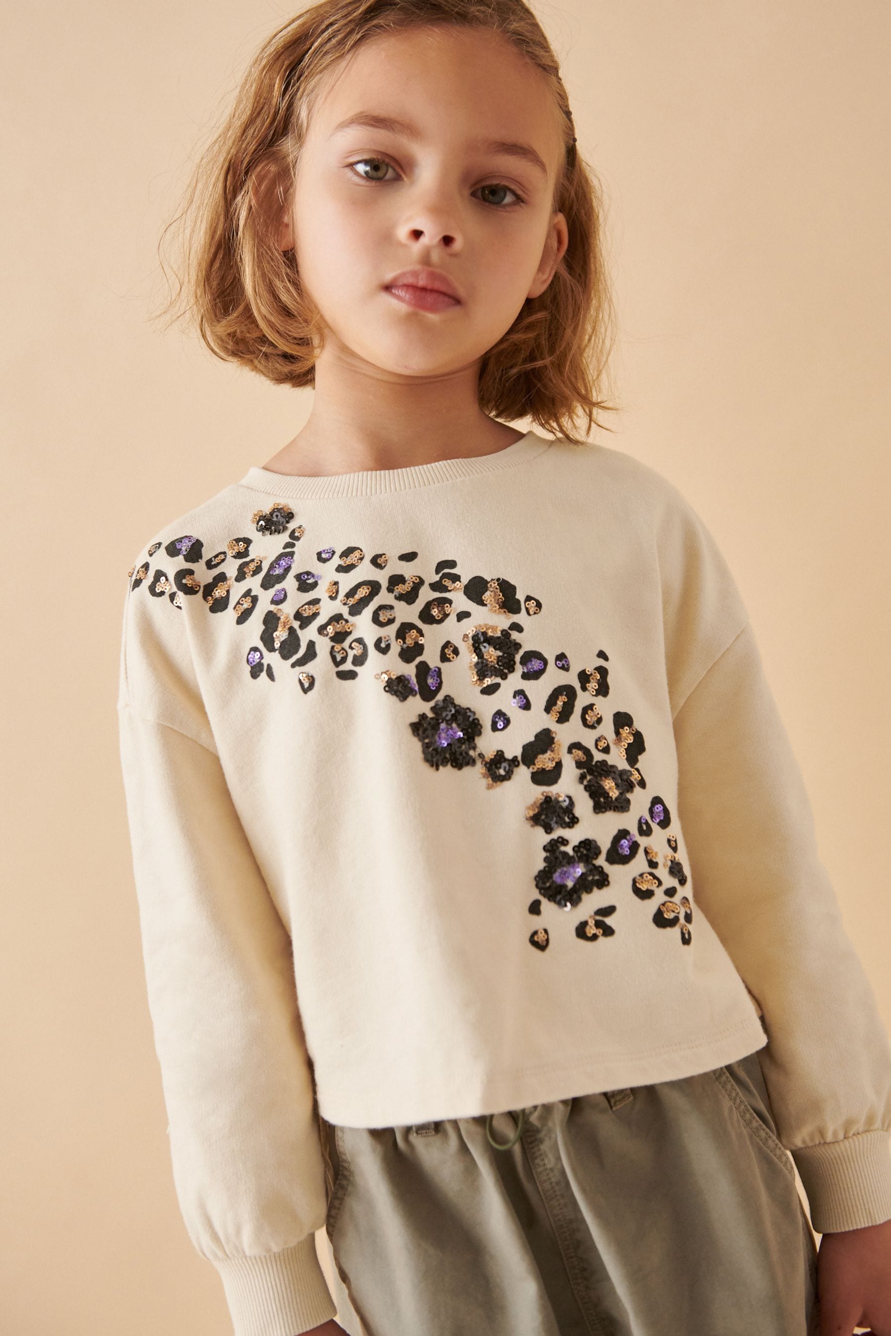 Ecru 100% Cotton Leopard Sequin Long Sleeve Sweat Top (3-16yrs)