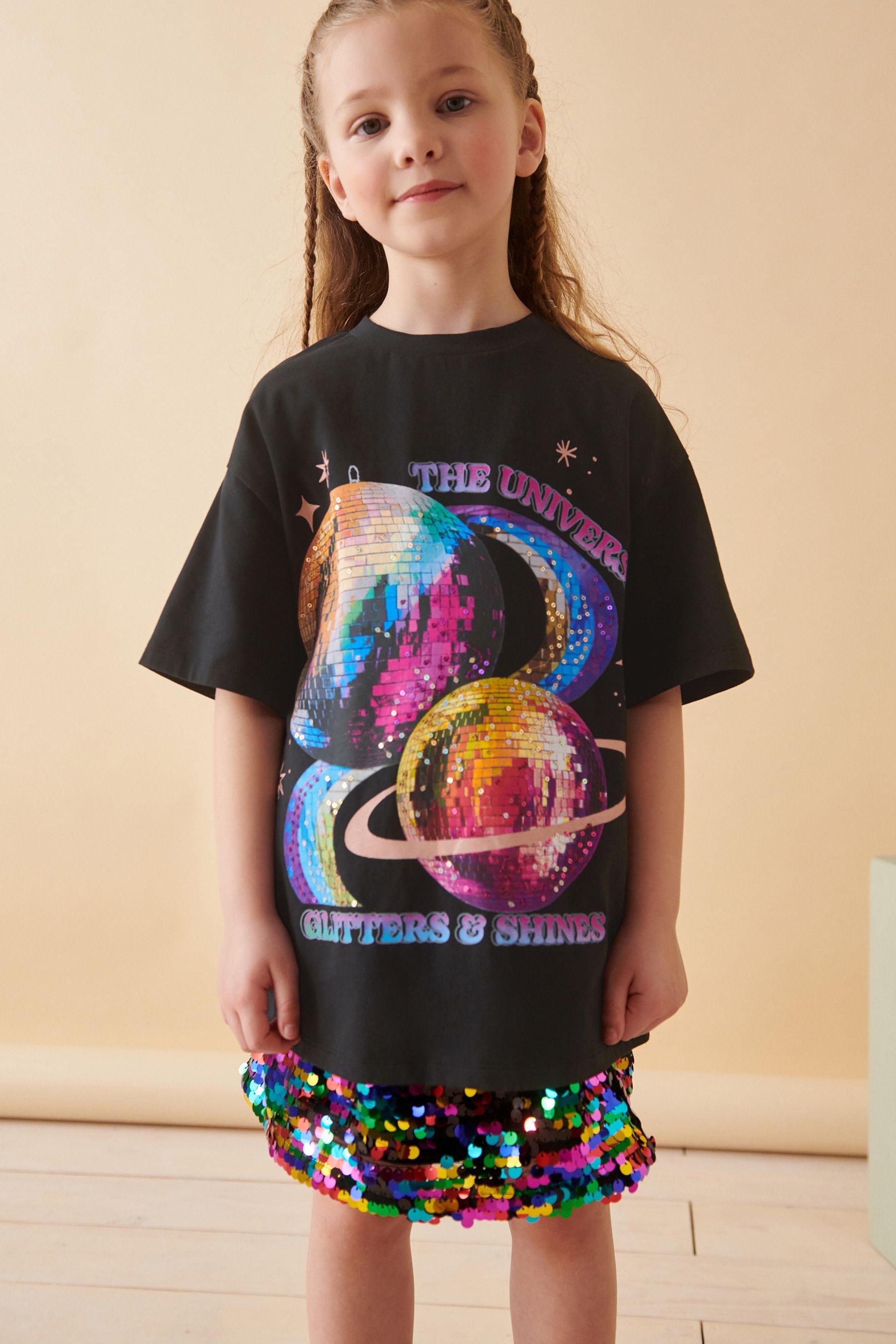 Black 100% Cotton Sequin Glitterball Graphic T-Shirt (3-16yrs)