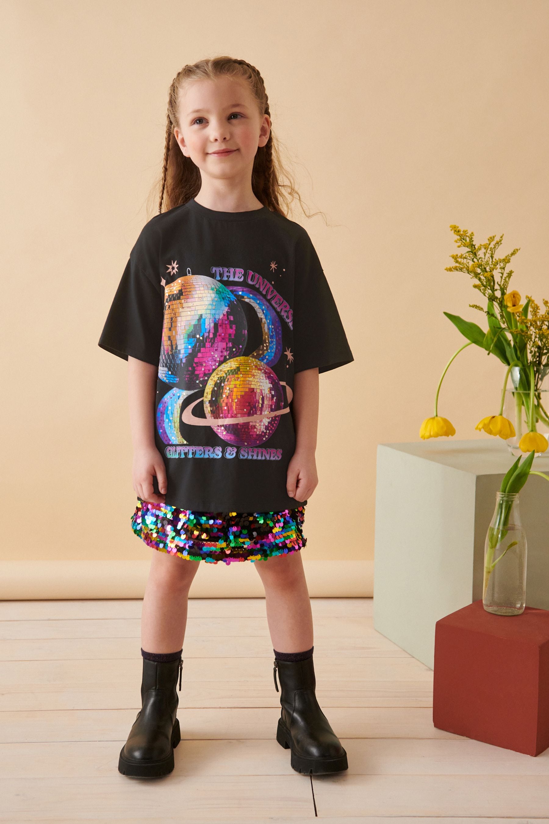 Black 100% Cotton Sequin Glitterball Graphic T-Shirt (3-16yrs)