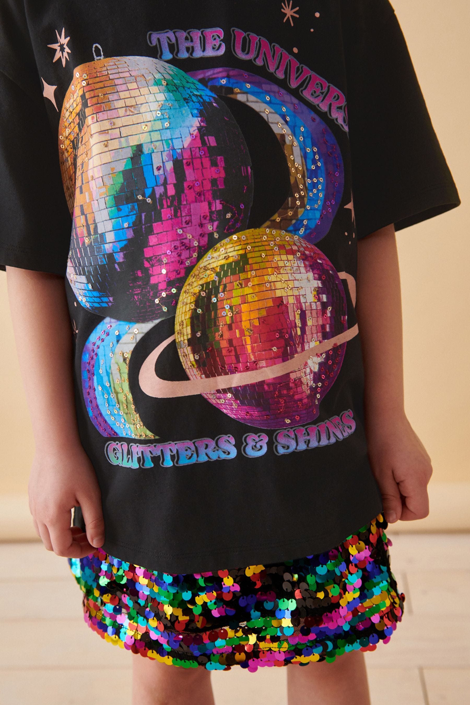 Black 100% Cotton Sequin Glitterball Graphic T-Shirt (3-16yrs)