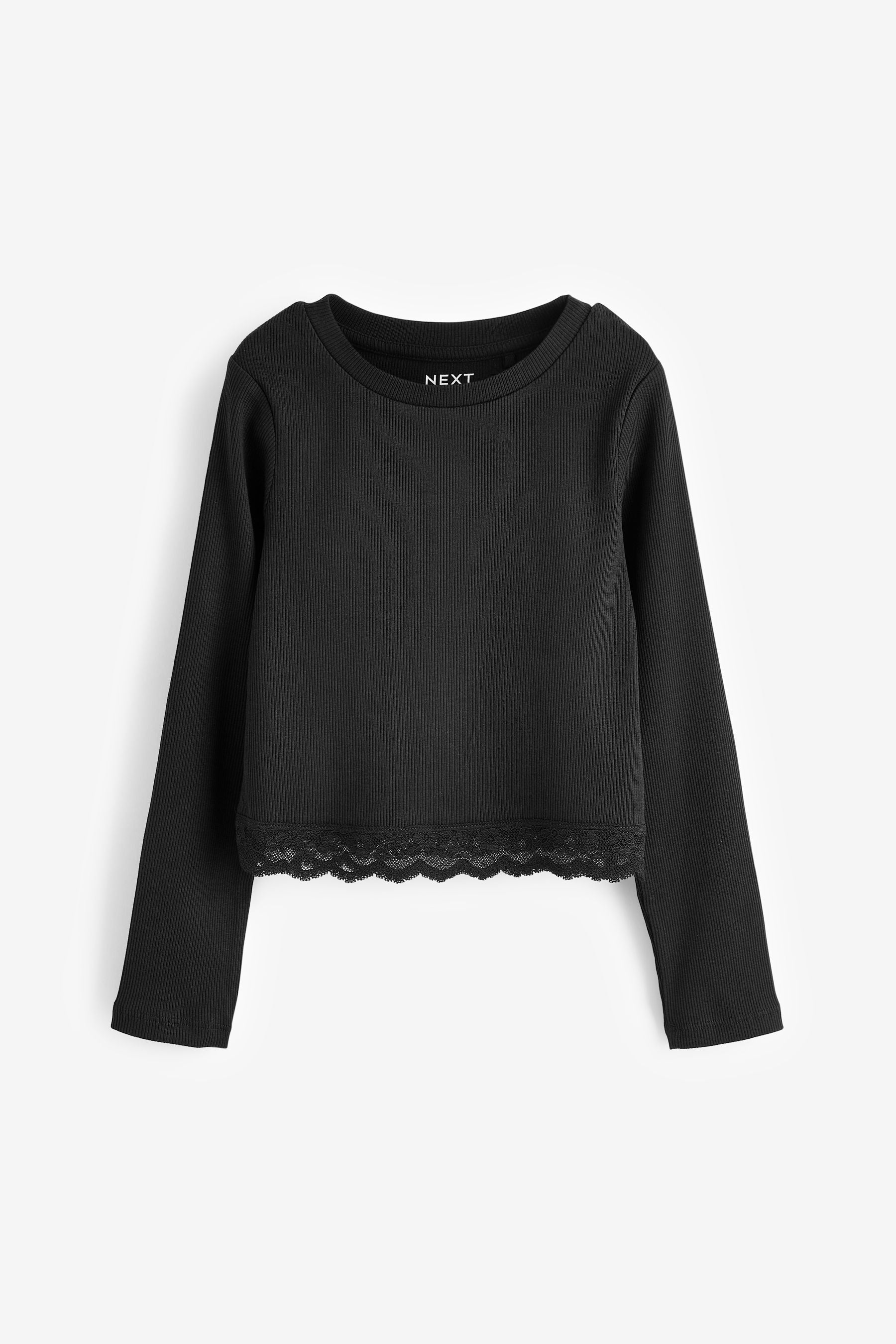 Black Lace Trim Long Sleeve Rib Top (3-16yrs)