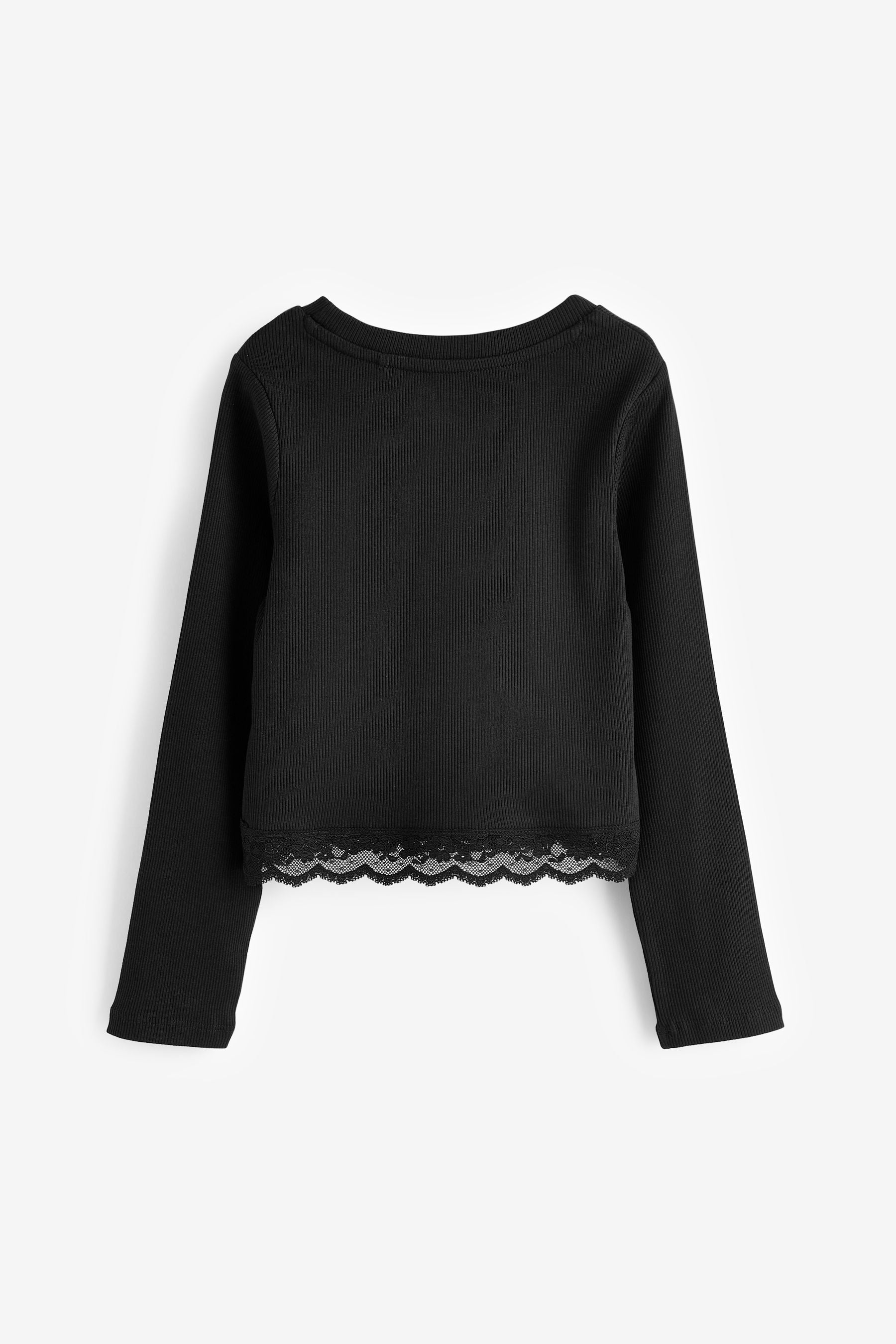 Black Lace Trim Long Sleeve Rib Top (3-16yrs)