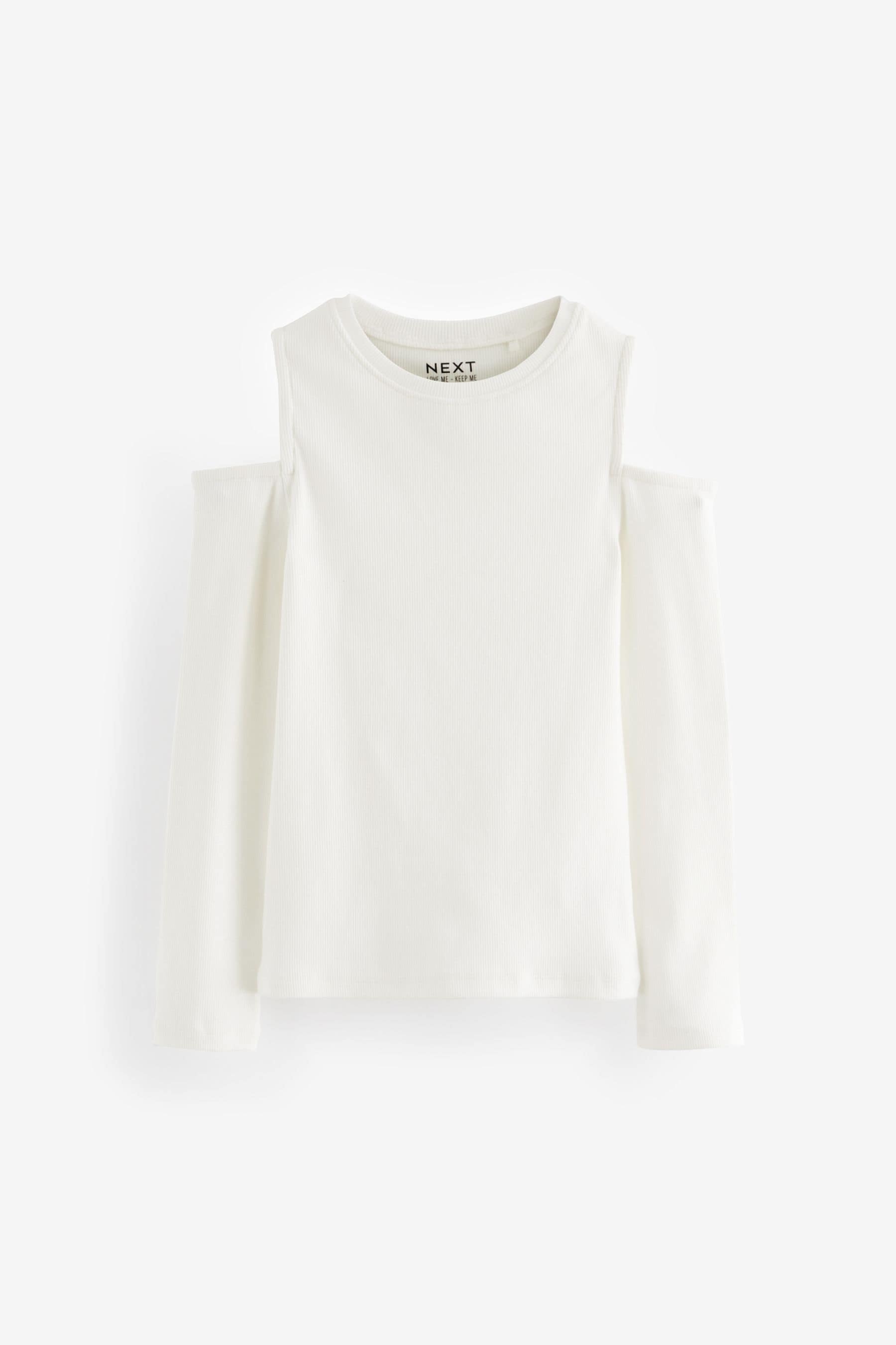 White Long Sleeve Cold Shoulder Rib T-Shirt (3-16yrs)