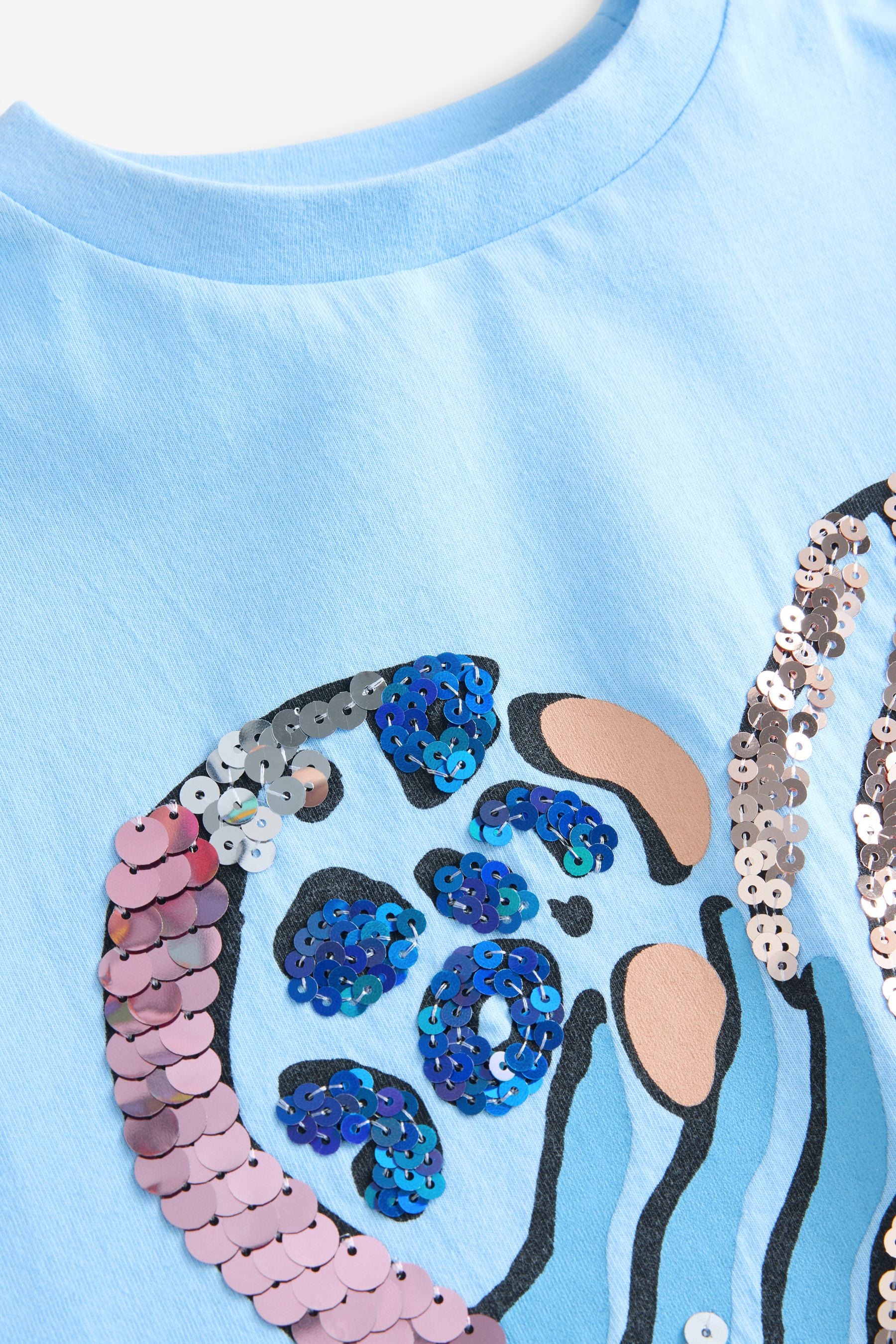 Aqua Blue Animal Print 100% Cotton Sequin Heart T-Shirt (3-16yrs)