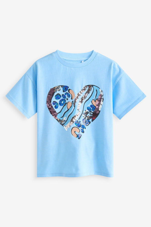 Aqua Blue Animal Print 100% Cotton Sequin Heart T-Shirt (3-16yrs)