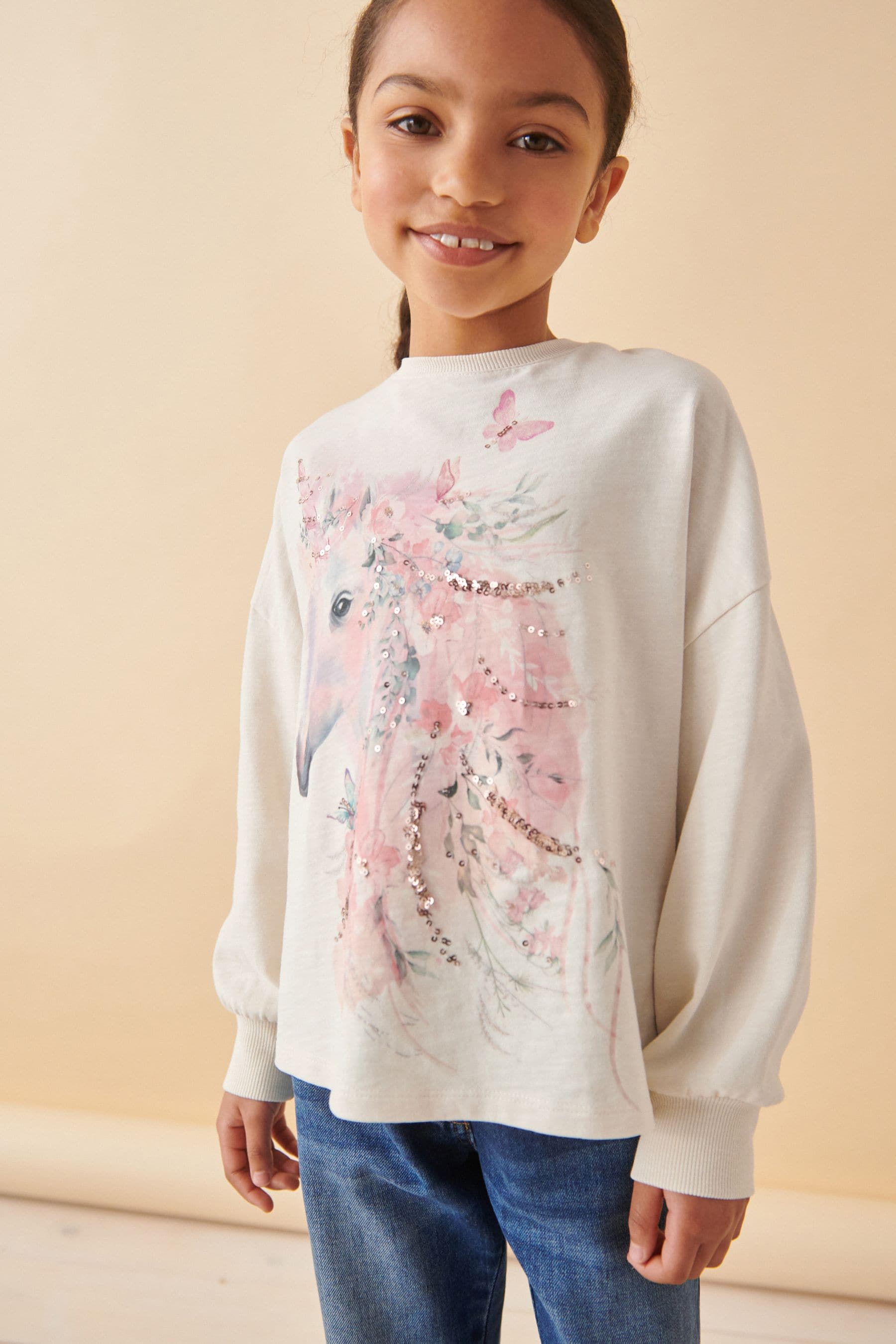 Pink 100% Cotton Sequin Unicorn Long Sleeve T-Shirt (3-16yrs)