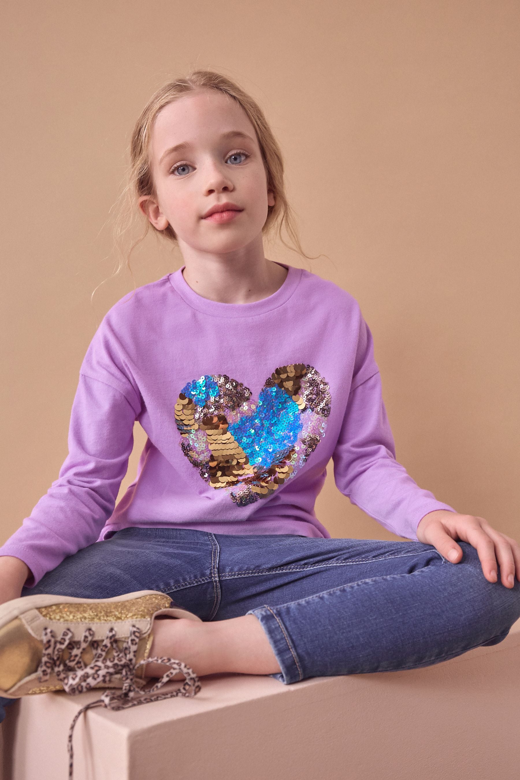 Purple 100% Cotton Sequin Heart Long Sleeve T-Shirt (3-16yrs)