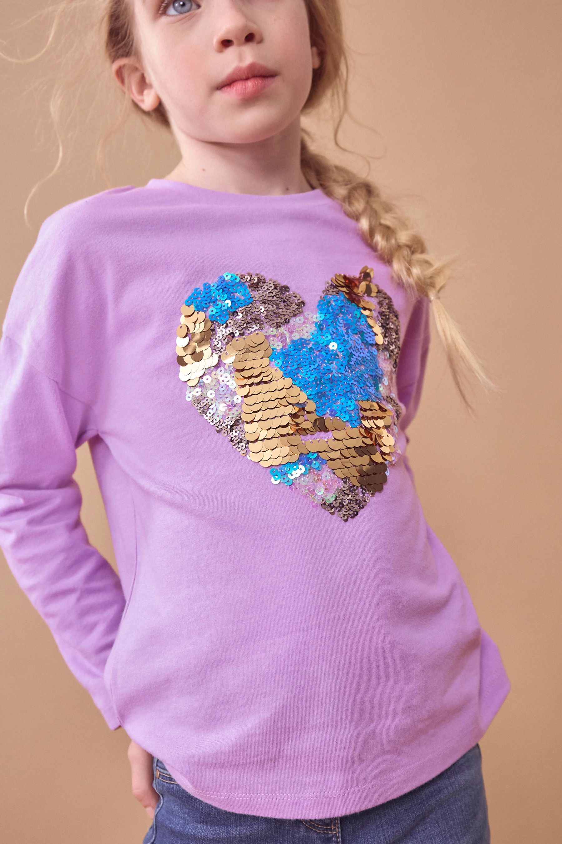 Purple 100% Cotton Sequin Heart Long Sleeve T-Shirt (3-16yrs)