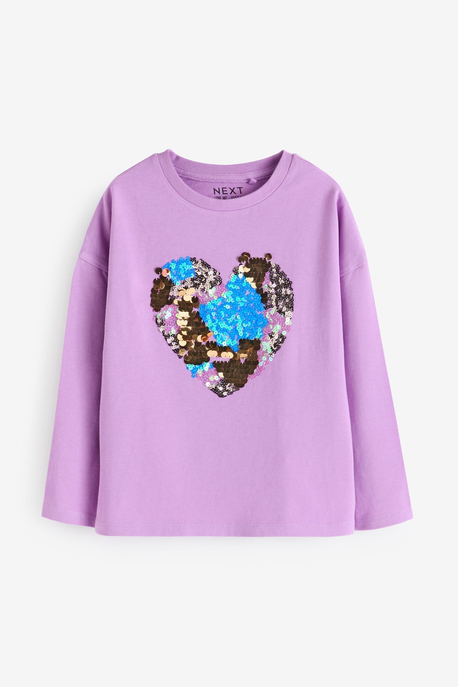 Purple 100% Cotton Sequin Heart Long Sleeve T-Shirt (3-16yrs)