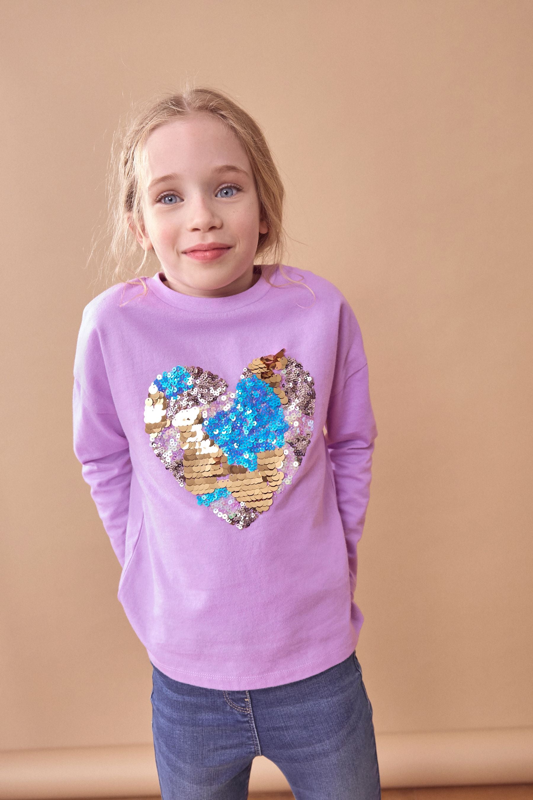 Purple 100% Cotton Sequin Heart Long Sleeve T-Shirt (3-16yrs)