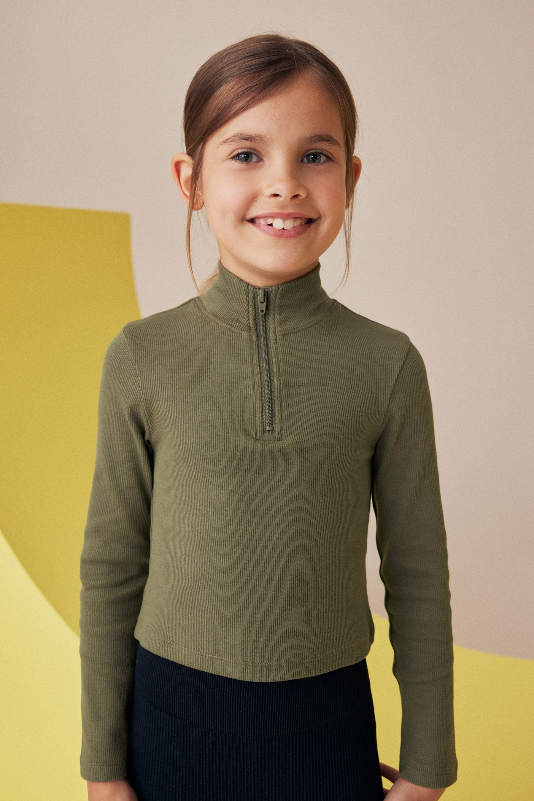 Khaki Green Boxy Zip High Neck Rib Top (3-16yrs)