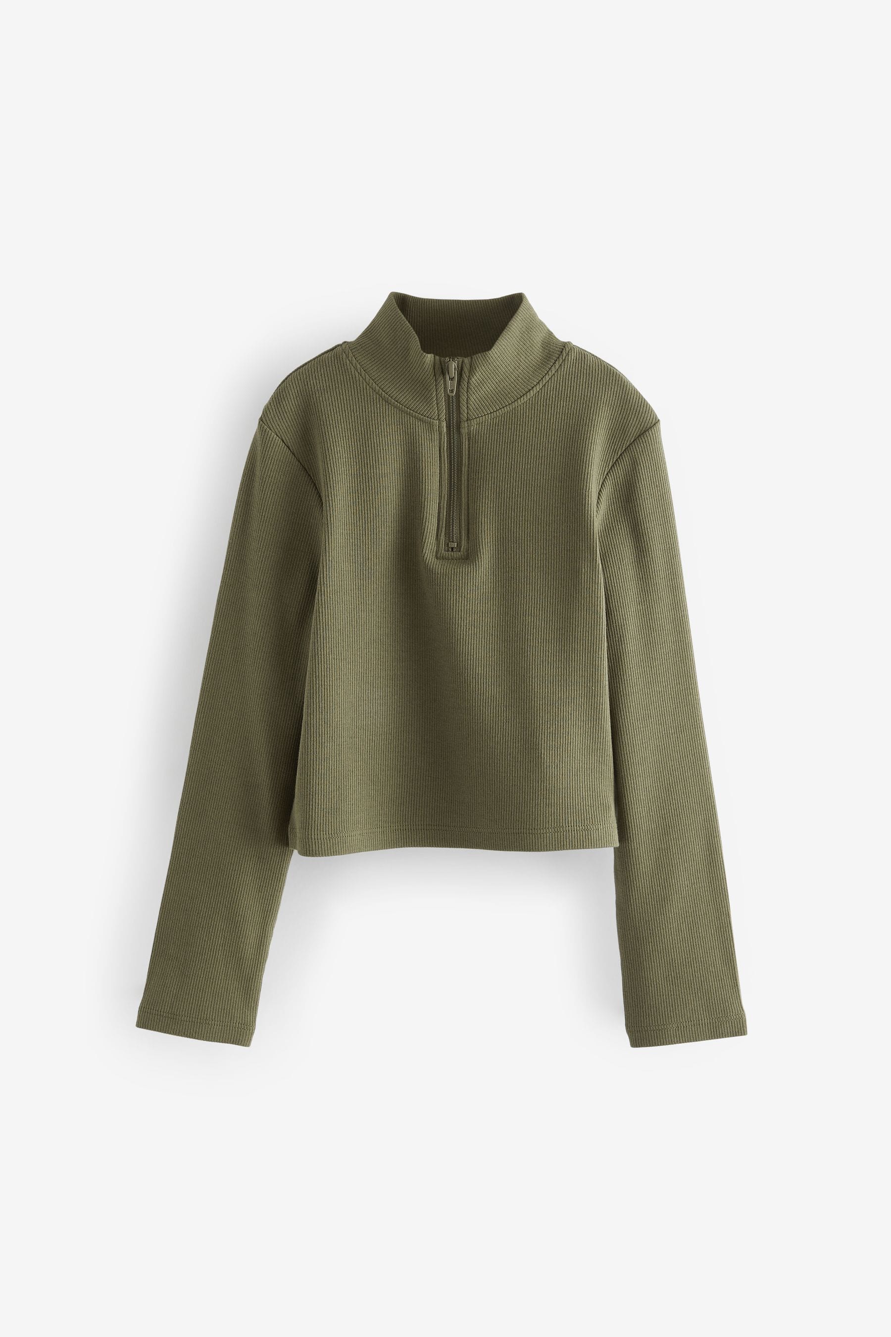 Khaki Green Boxy Zip High Neck Rib Top (3-16yrs)