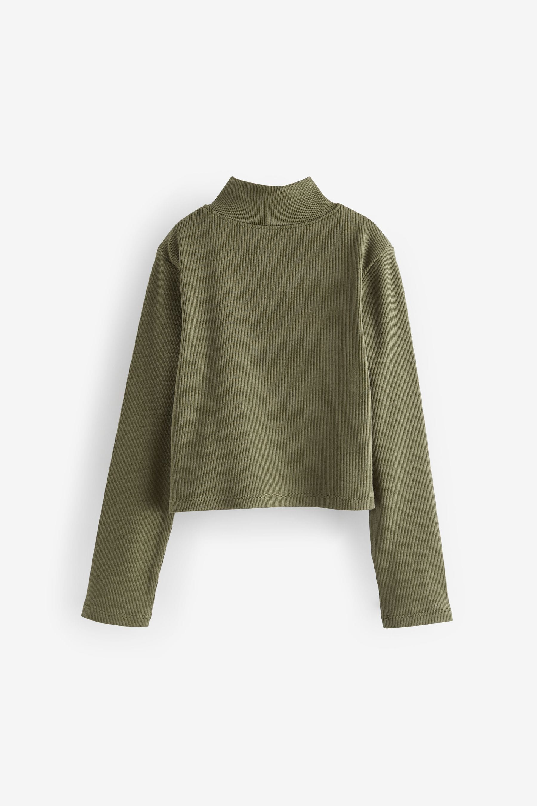 Khaki Green Boxy Zip High Neck Rib Top (3-16yrs)