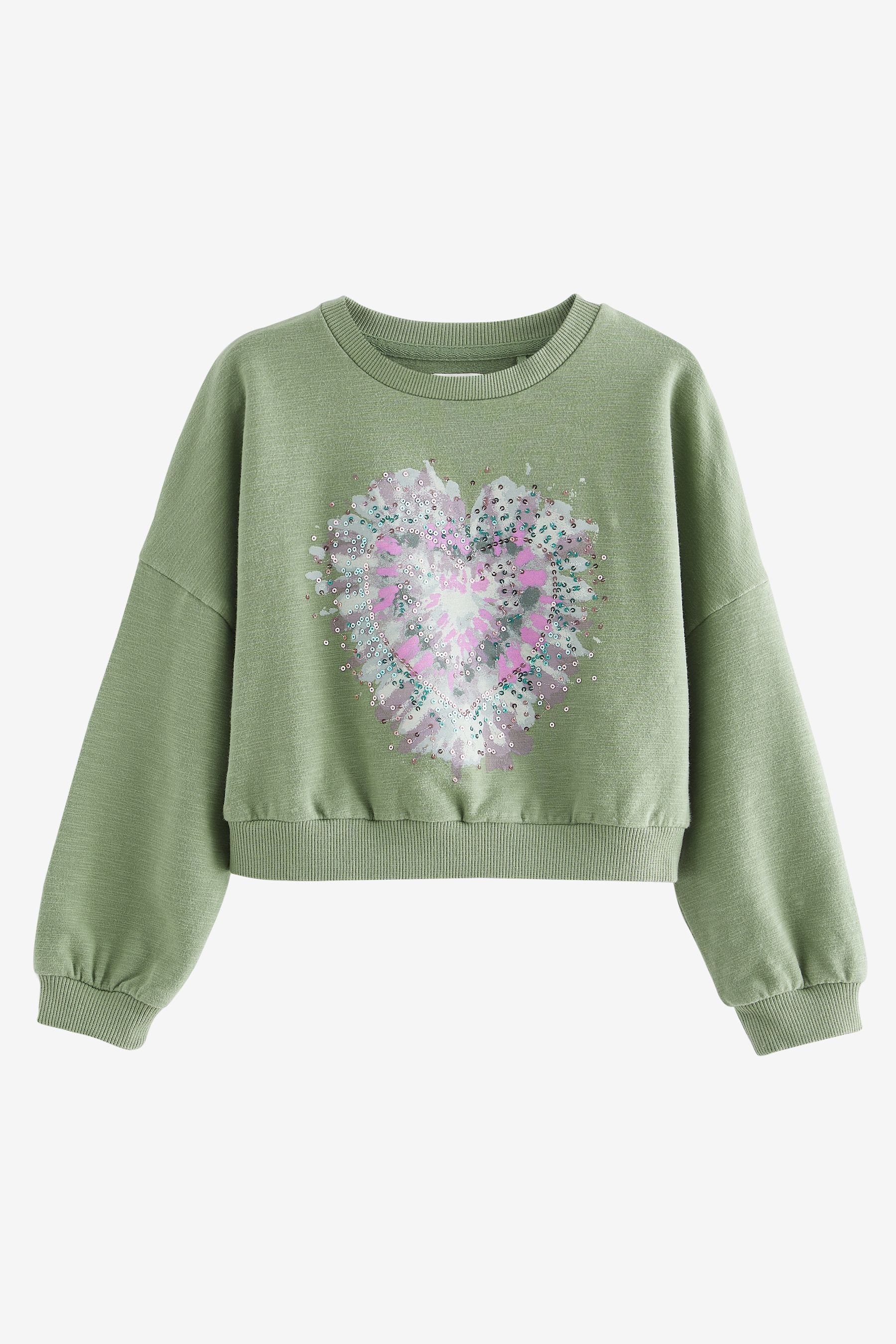 Khaki Green Sequin Heart Long Sleeve T-Shirt (3-16yrs)