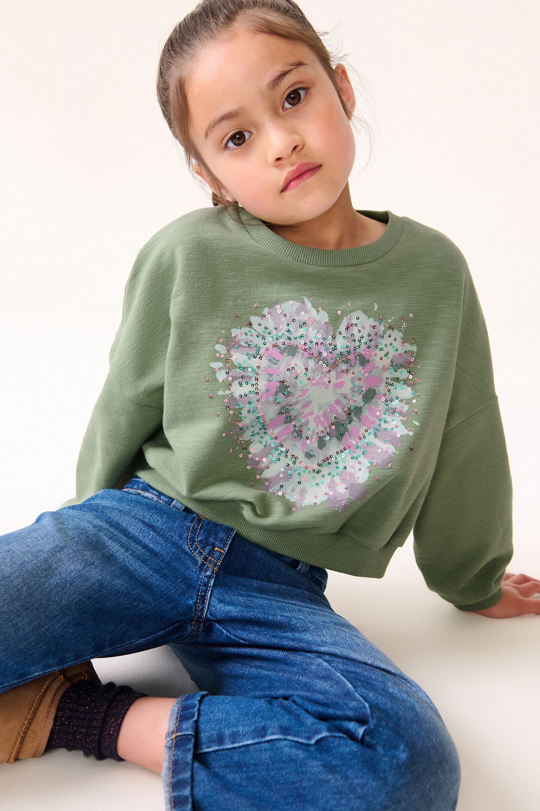 Khaki Green Sequin Heart Long Sleeve T-Shirt (3-16yrs)