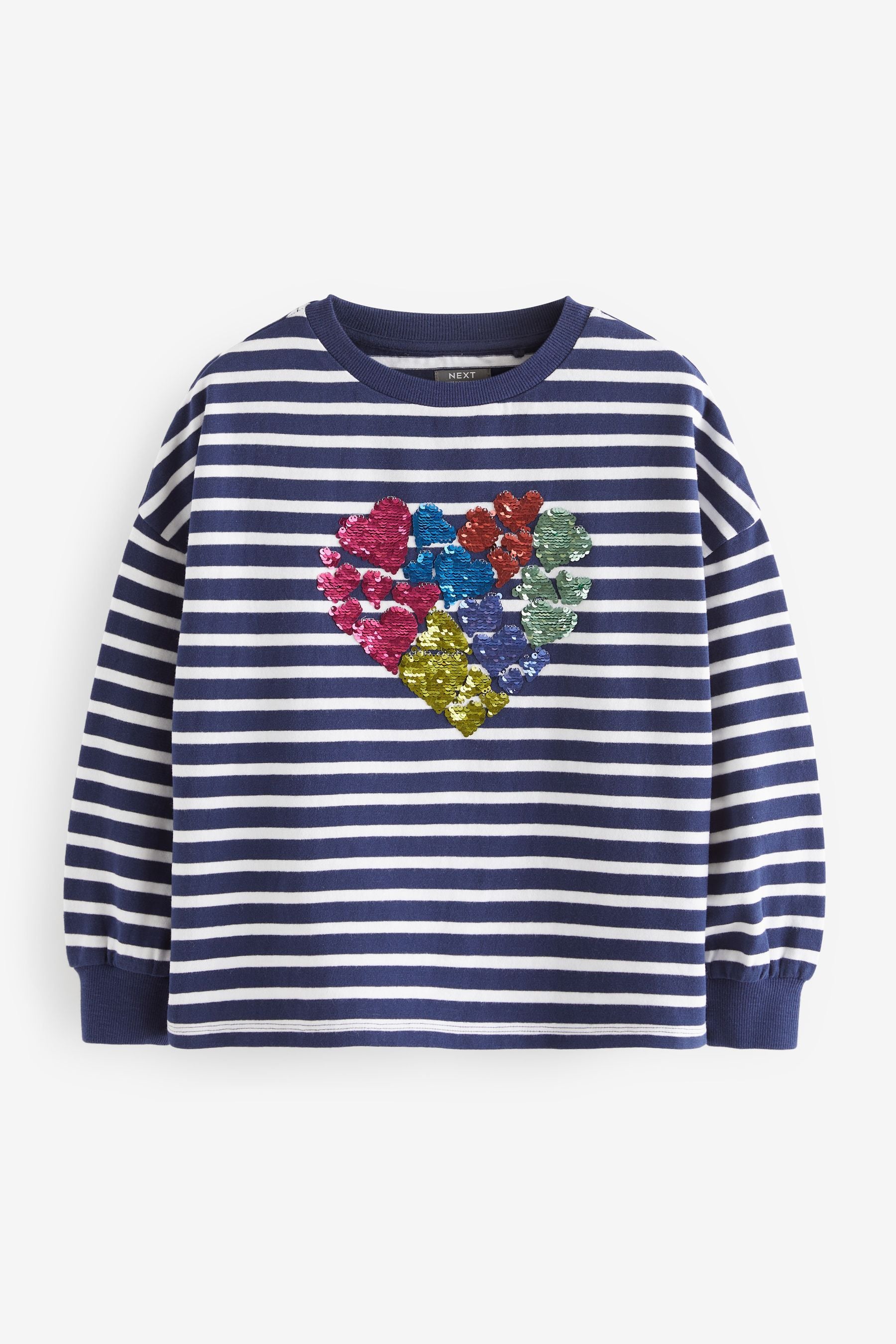 Navy Stripe Rainbow Sequin Heart Long Sleeve T-Shirt (3-16yrs)