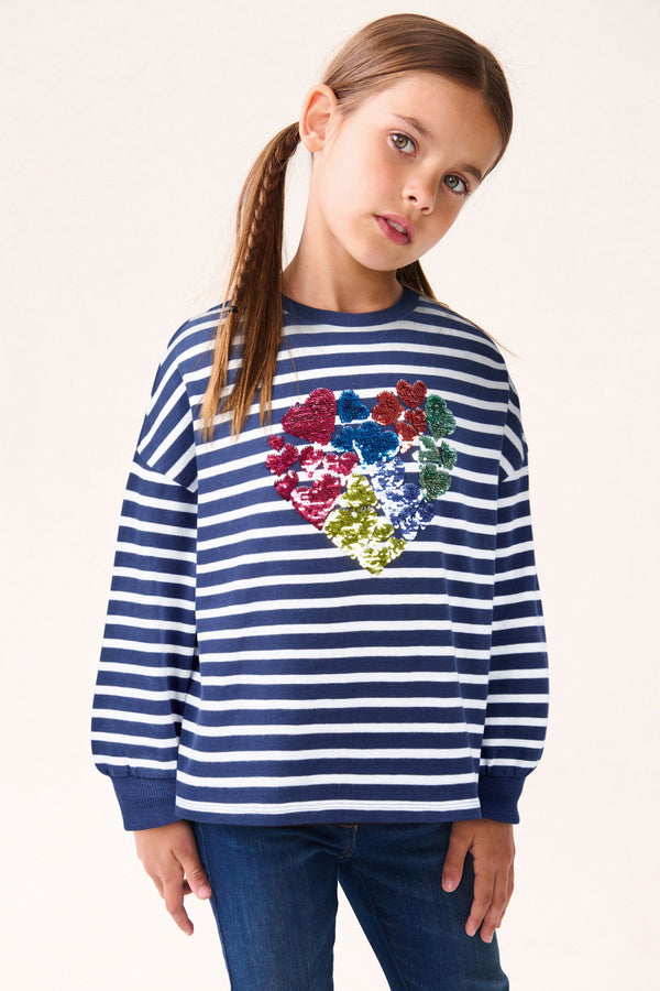 Navy Stripe Rainbow Sequin Heart 100% Cotton Long Sleeve T-Shirt (3-16yrs)