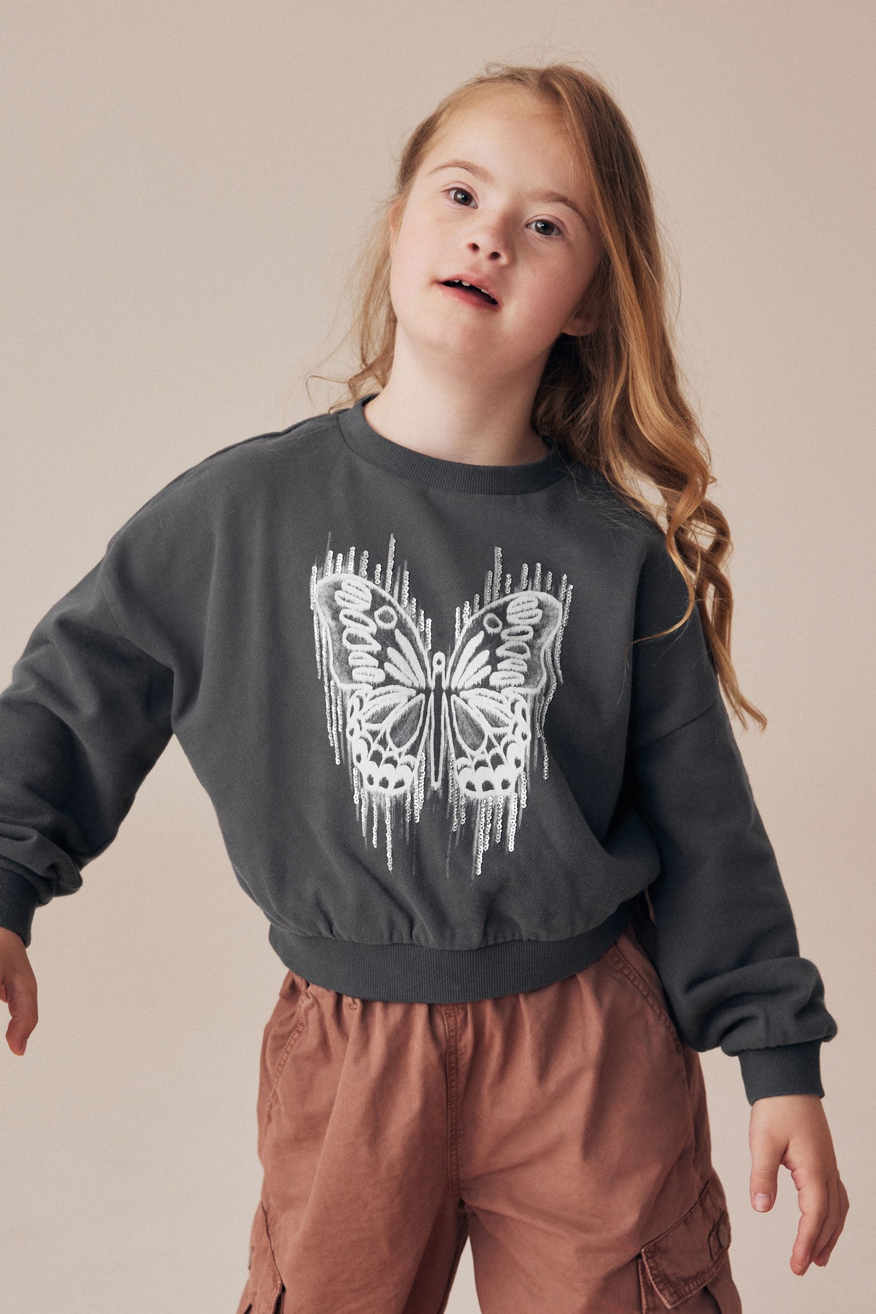 Charcoal Grey Sequin Butterfly Boxy 100% Cotton Sweatshirt (3-16yrs)