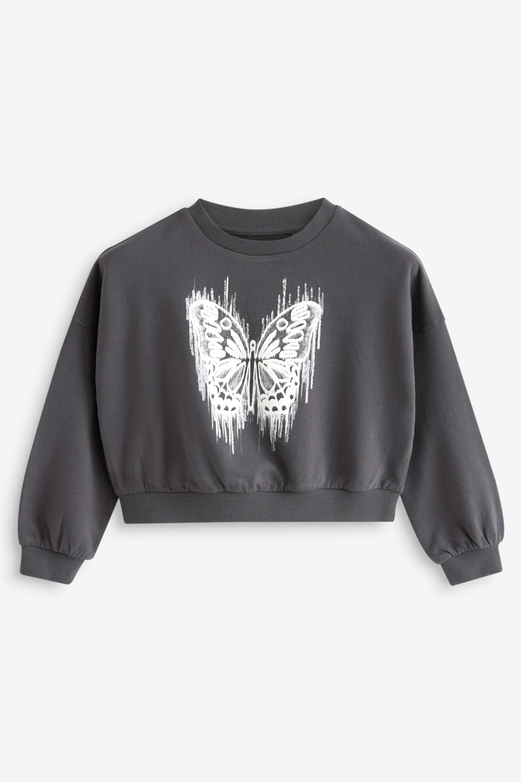 Charcoal Grey Sequin Butterfly Boxy 100% Cotton Sweatshirt (3-16yrs)