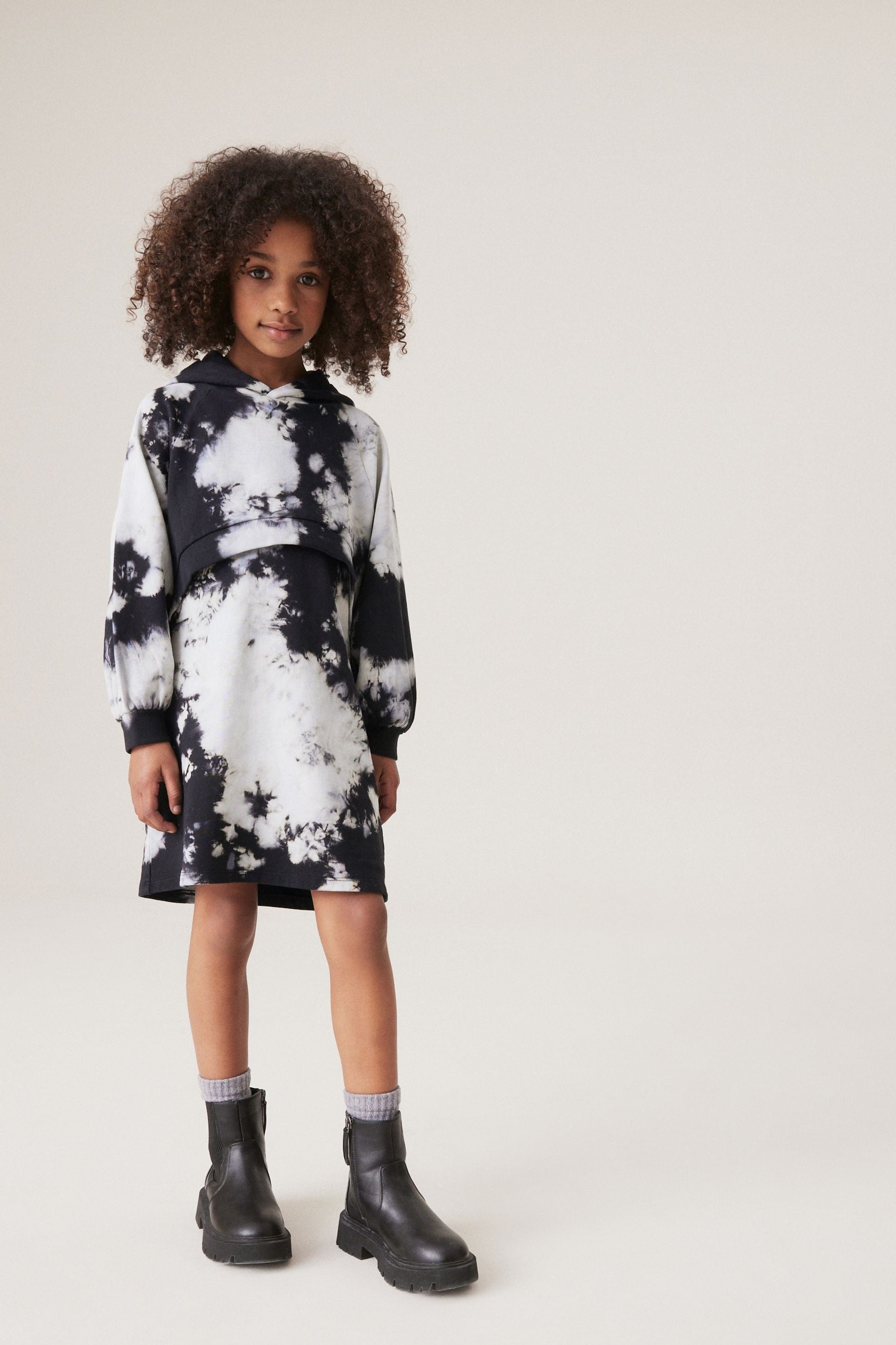 Black/White 100% Cotton Tie Dye Hoodie Dress (3-16yrs)