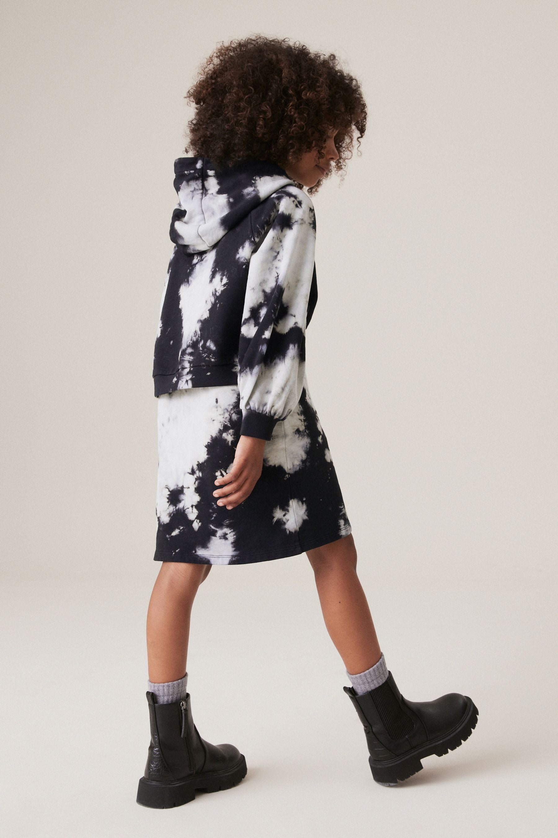 Black/White 100% Cotton Tie Dye Hoodie Dress (3-16yrs)