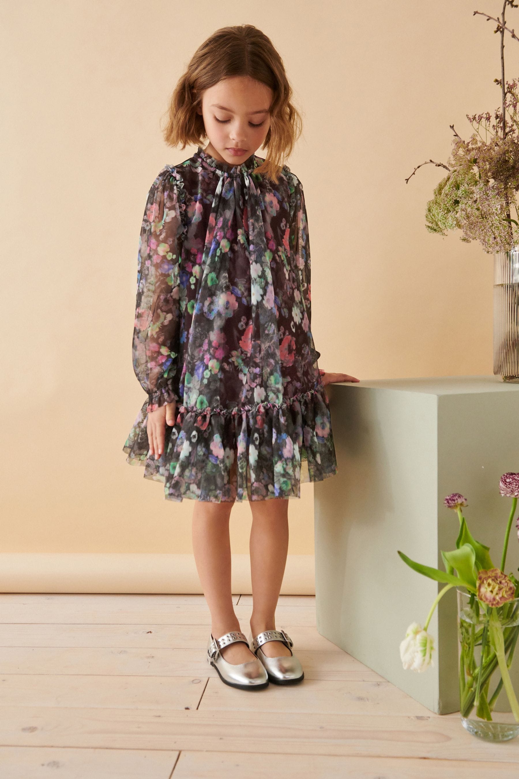 Black Floral Mesh Long Sleeve Dress (3-16yrs)