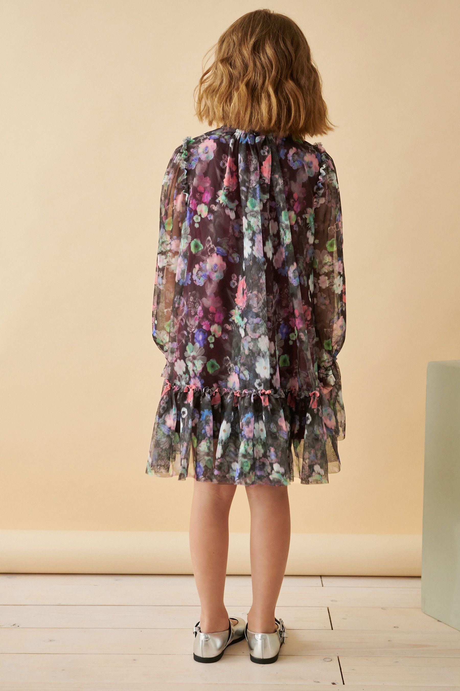 Black Floral Mesh Long Sleeve Dress (3-16yrs)