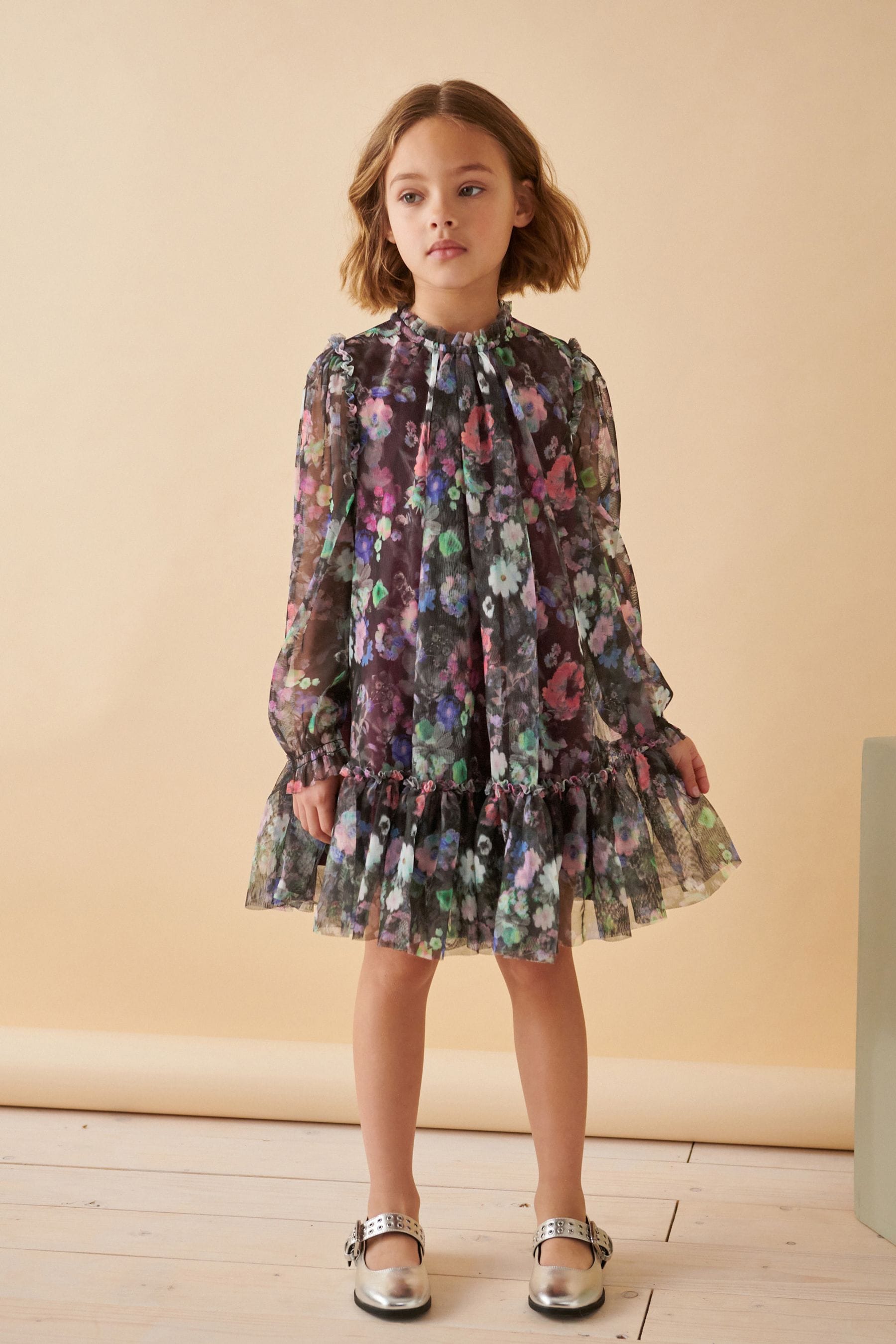 Black Floral Mesh Long Sleeve Dress (3-16yrs)