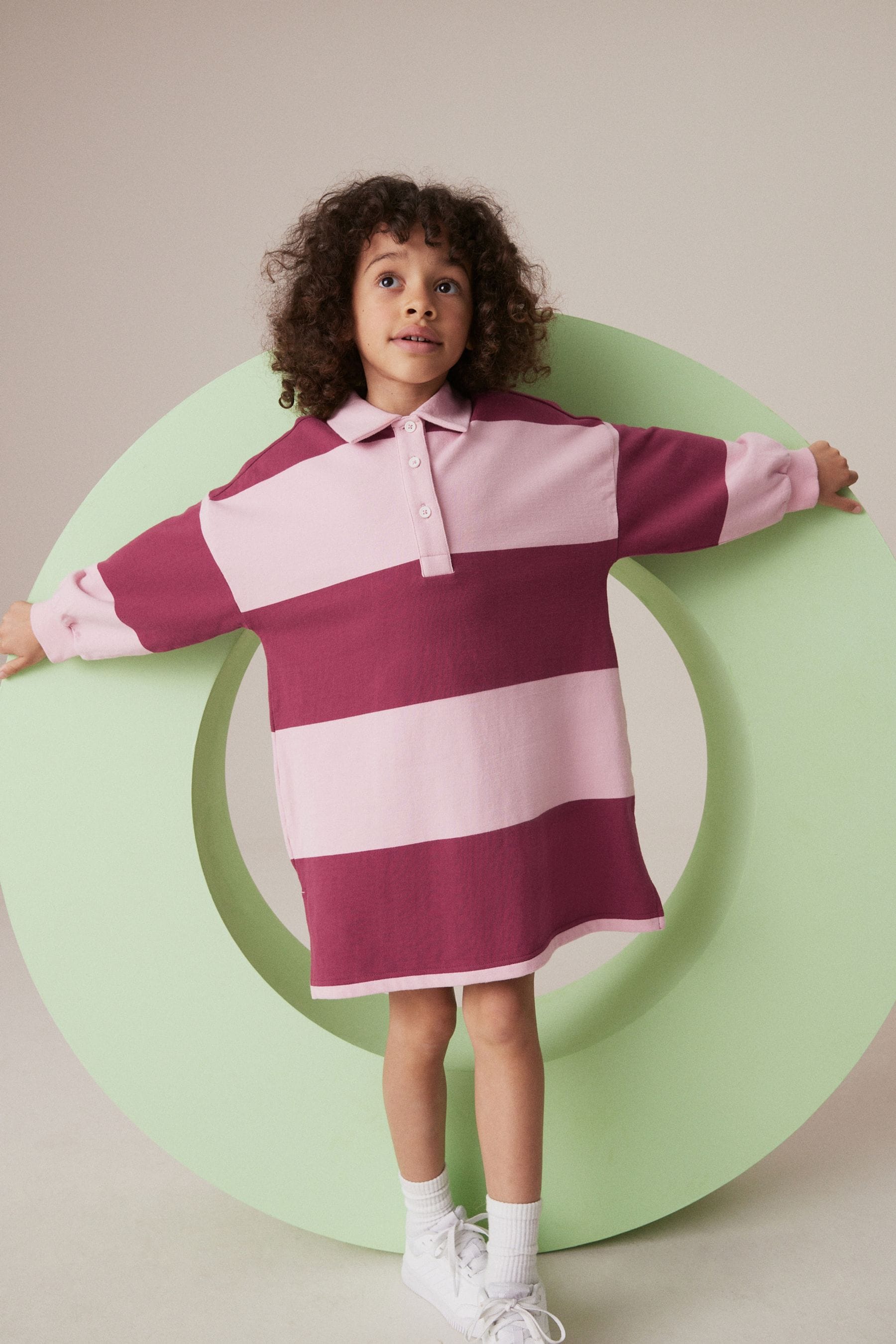 Berry Red/Pink Stripe 100% Cotton Rugby Dress (3-16yrs)