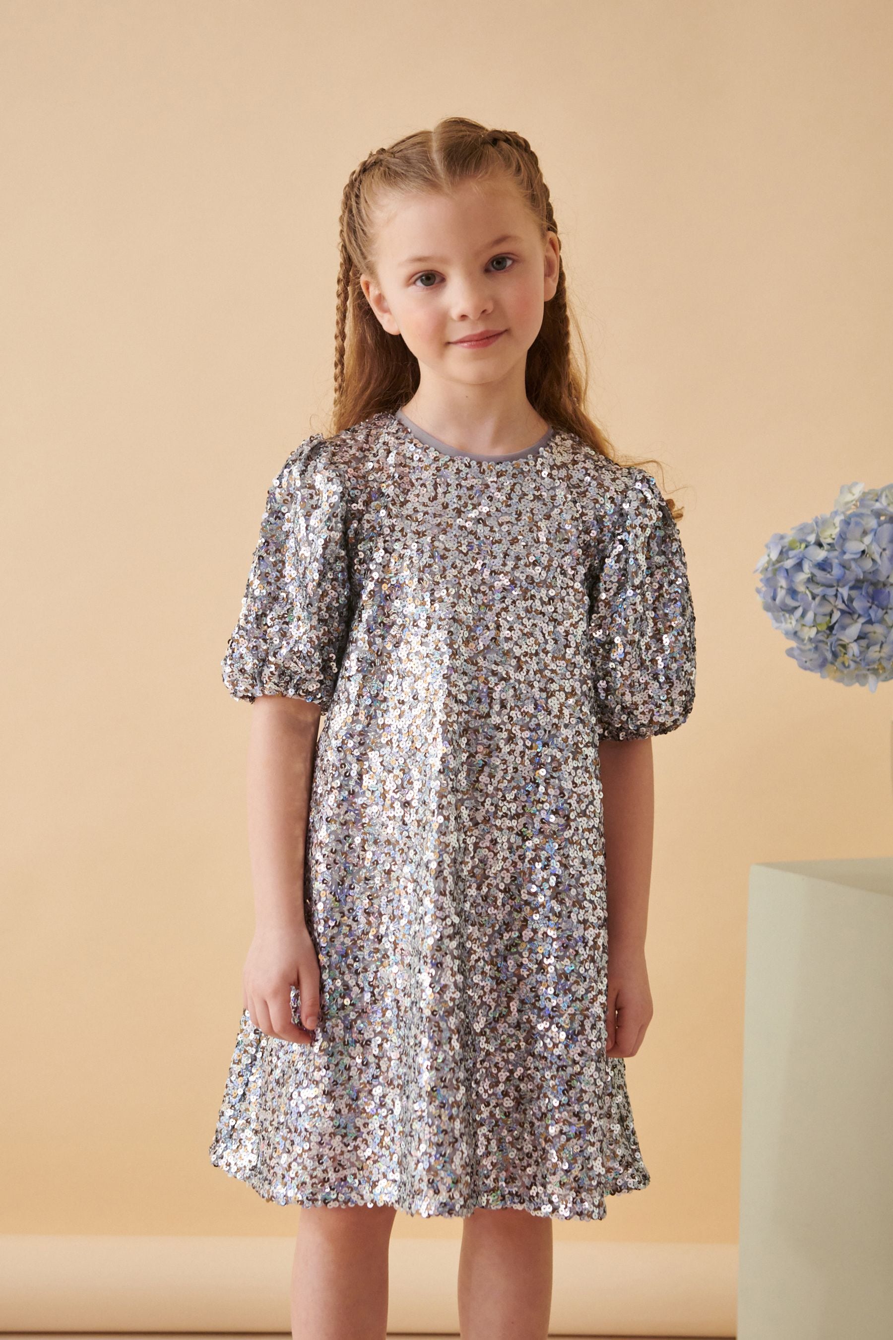 Silver/Gold Sequin Puff Sleeve Dress (3-14yrs)