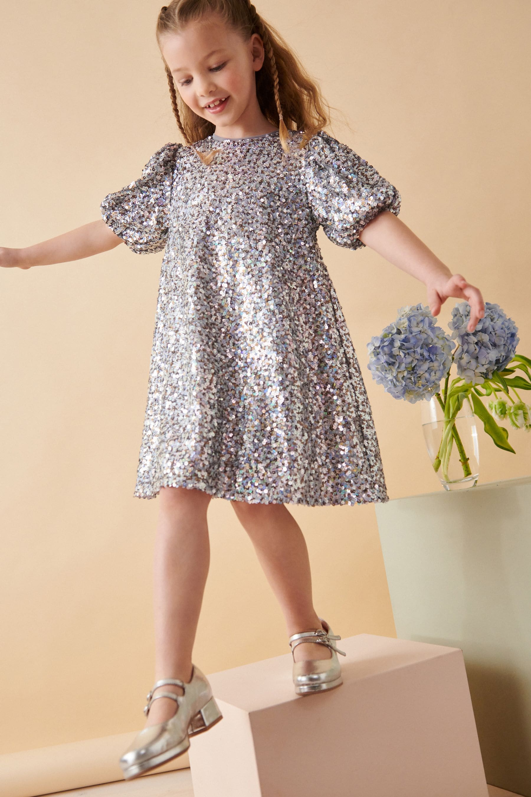 Silver/Gold Sequin Puff Sleeve Dress (3-14yrs)