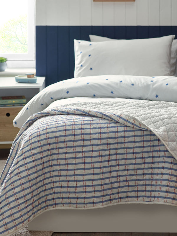 White/Blue Woven Check 100% Cotton Quilted Throw