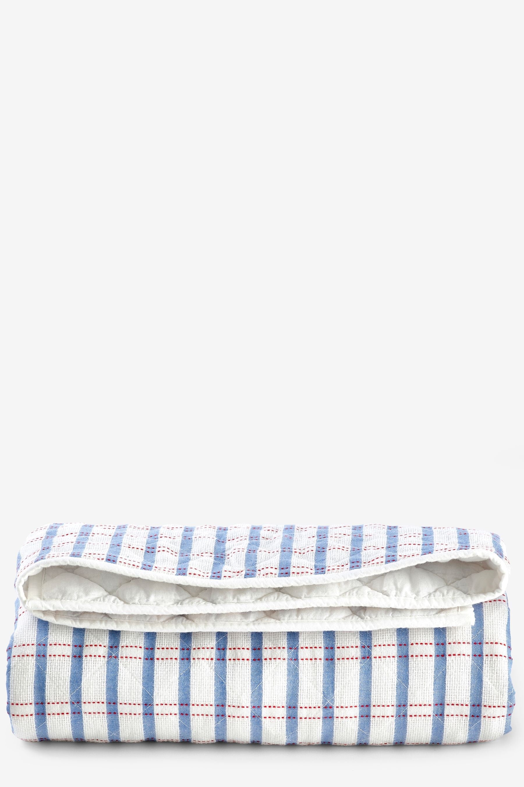 White/Blue Woven Check 100% Cotton Quilted Throw