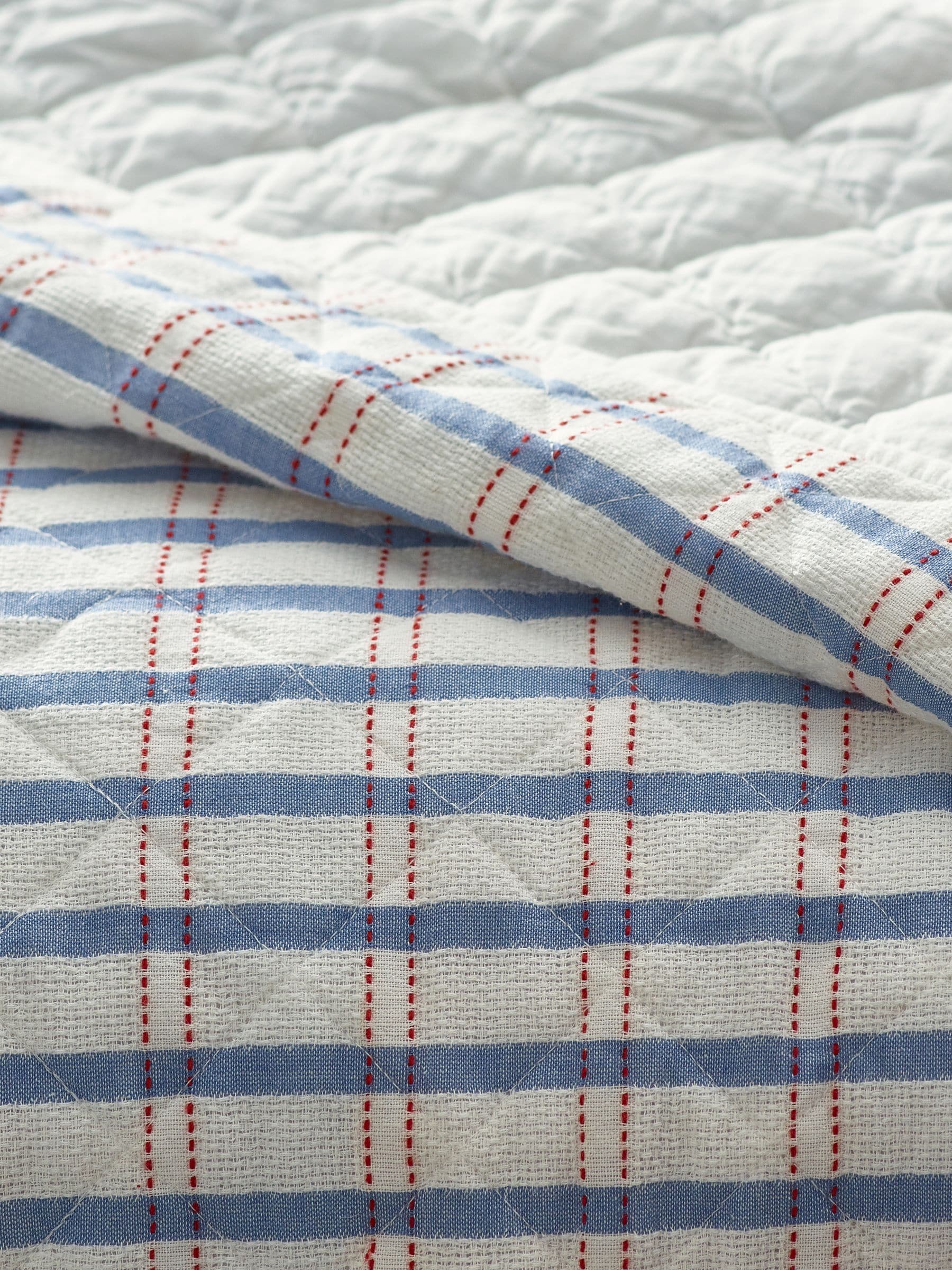 White/Blue Woven Check 100% Cotton Quilted Throw