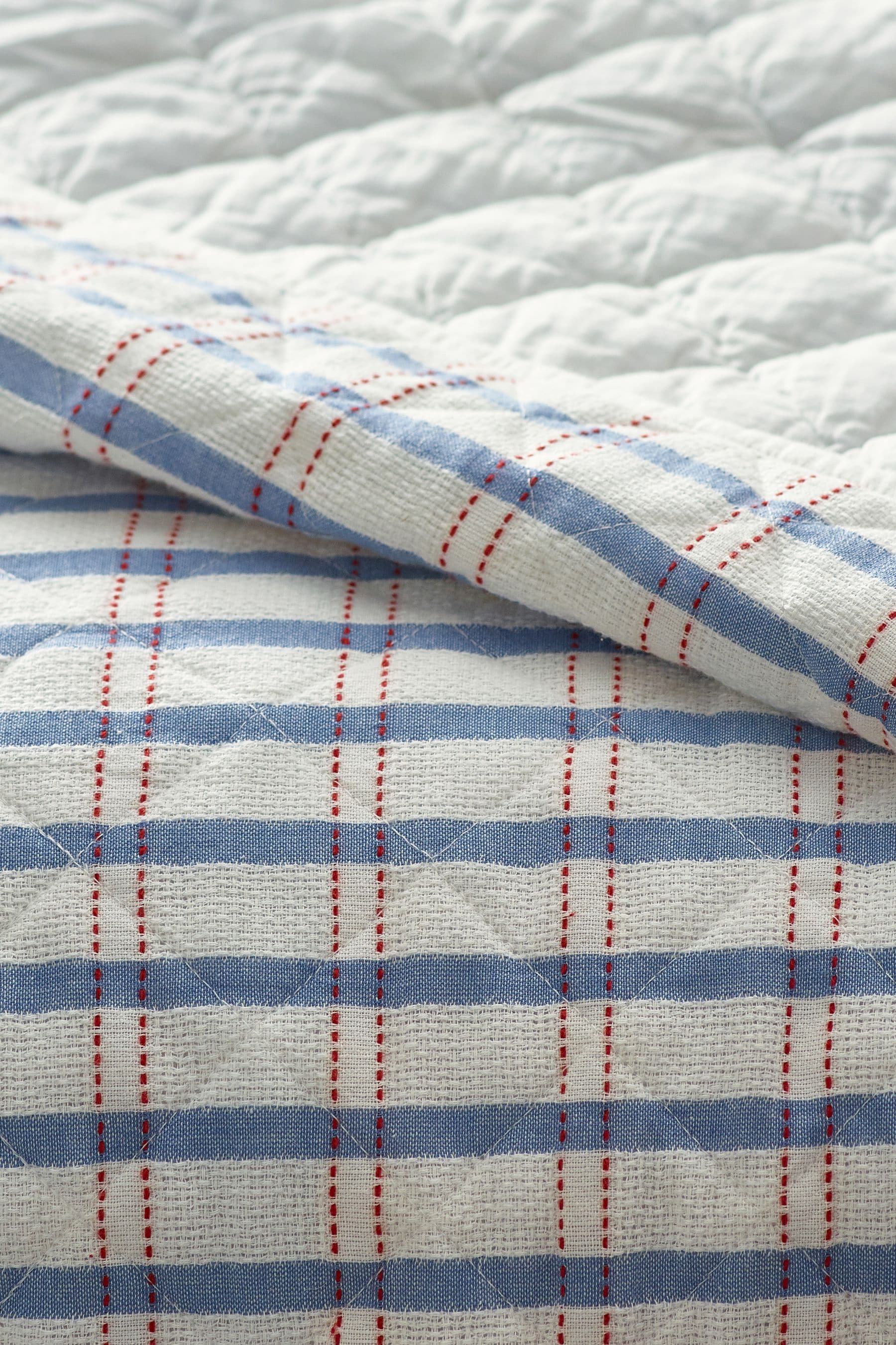 White/Blue Woven Check 100% Cotton Quilted Throw