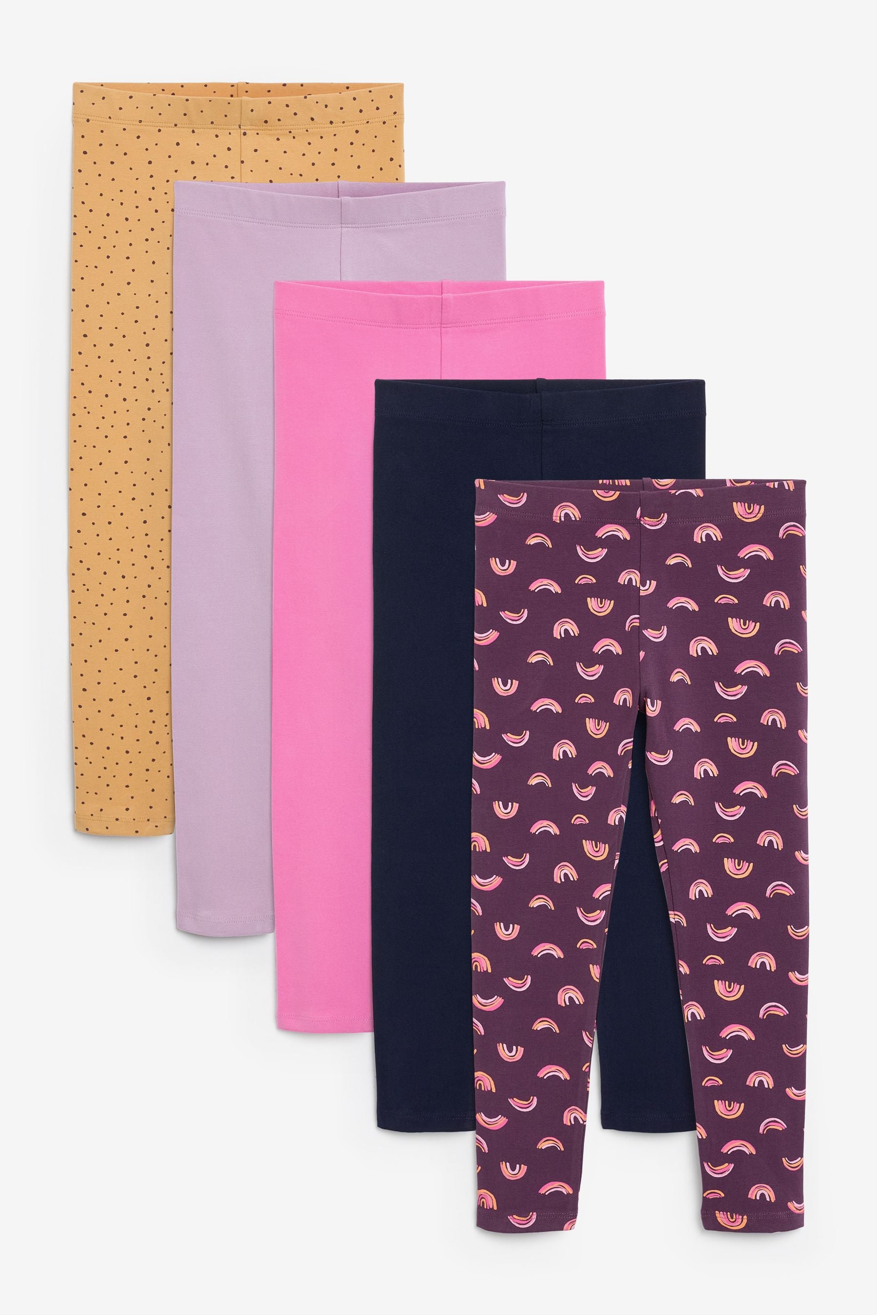 Pink/Purple Rainbow/Ochre Yellow Spot Leggings 5 Pack (3-16yrs)